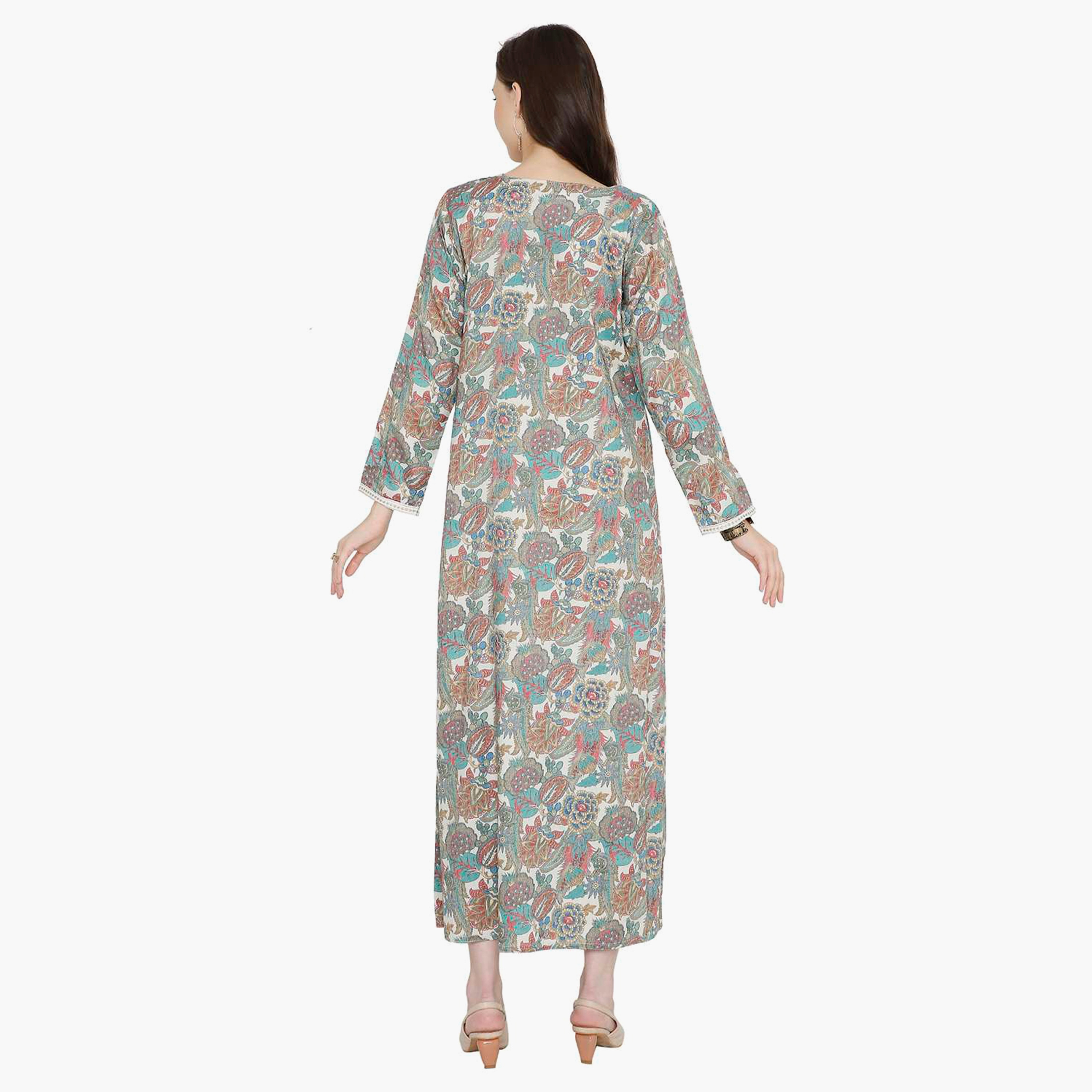 Hana & Sara Floral Embroidered Knot Neck Detail Women's Jalabiya-women-arabicclothing-jalabiyas-image-5