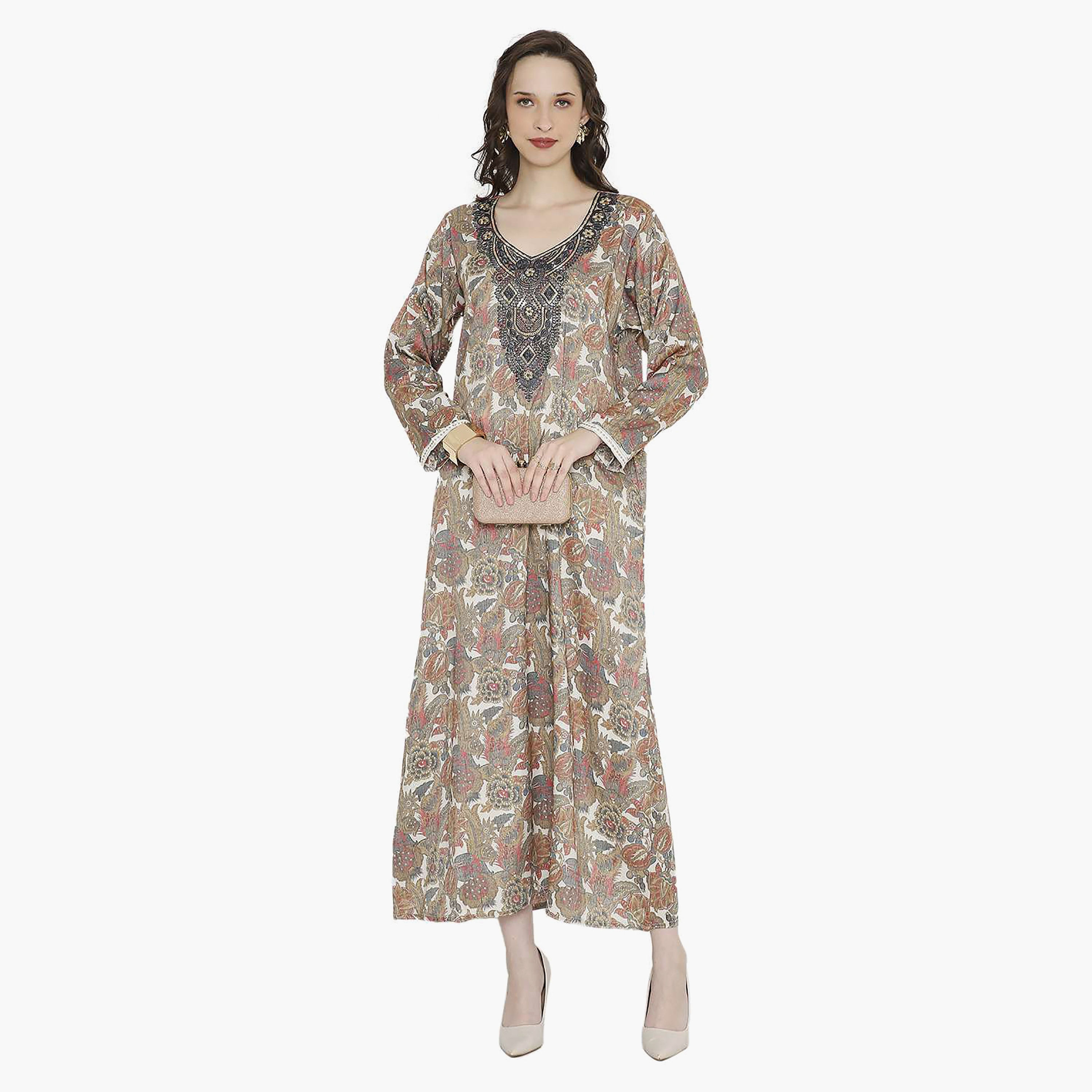 Hana & Sara Floral Embroidered Knot Neck Detail Women's Jalabiya-women-arabicclothing-jalabiyas-image-6