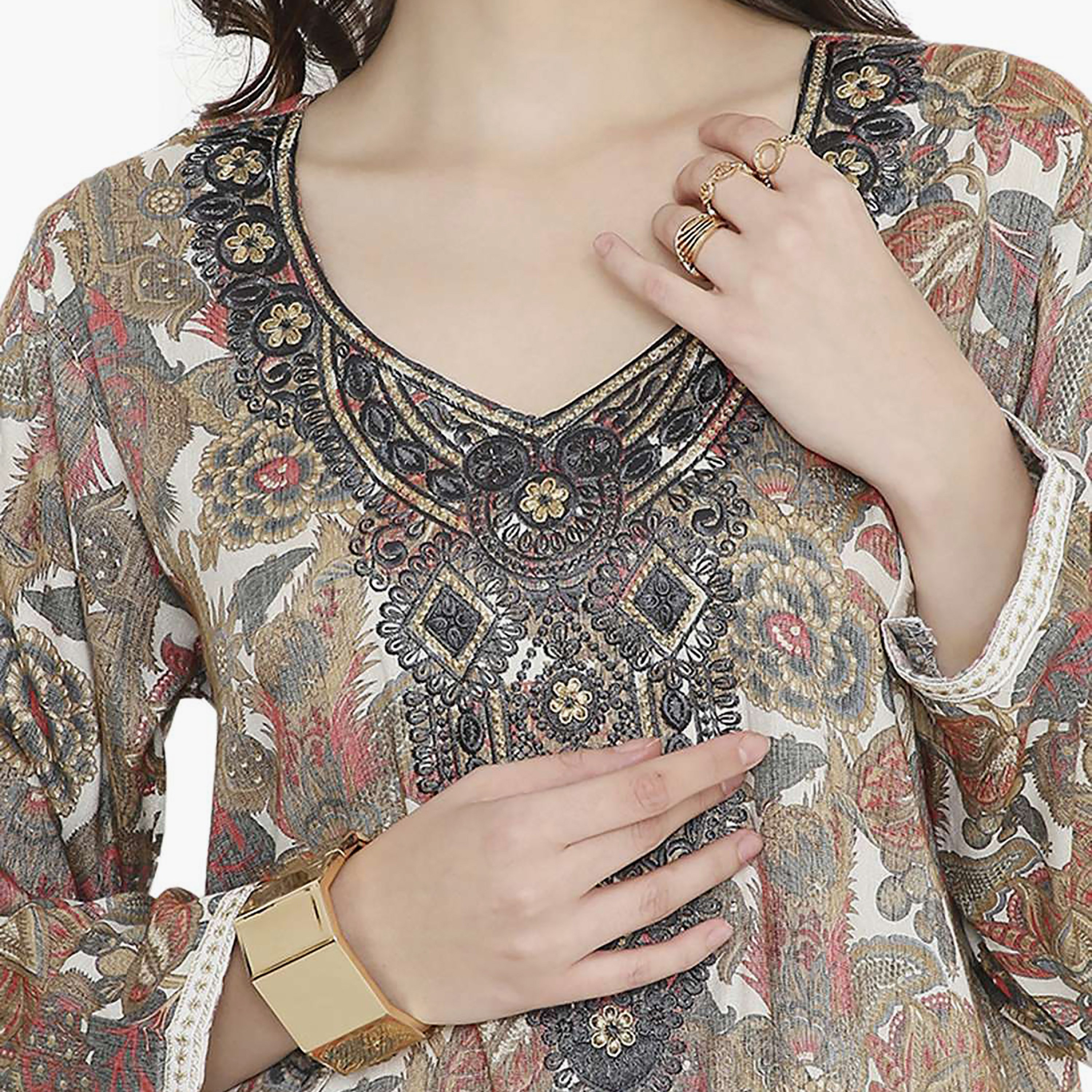 Hana & Sara Floral Embroidered Knot Neck Detail Women's Jalabiya-women-arabicclothing-jalabiyas-image-7