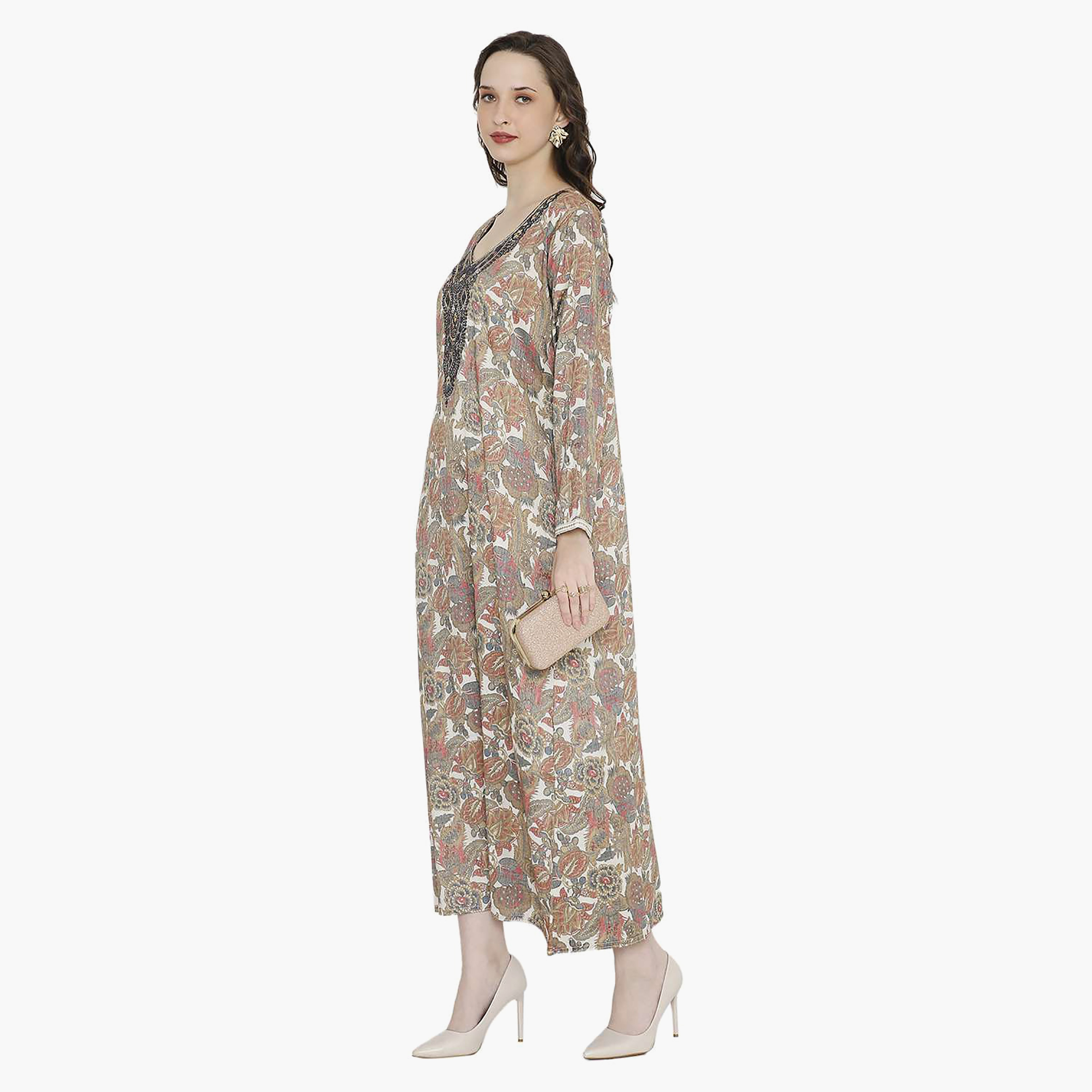 Hana & Sara Floral Embroidered Knot Neck Detail Women's Jalabiya-women-arabicclothing-jalabiyas-image-8