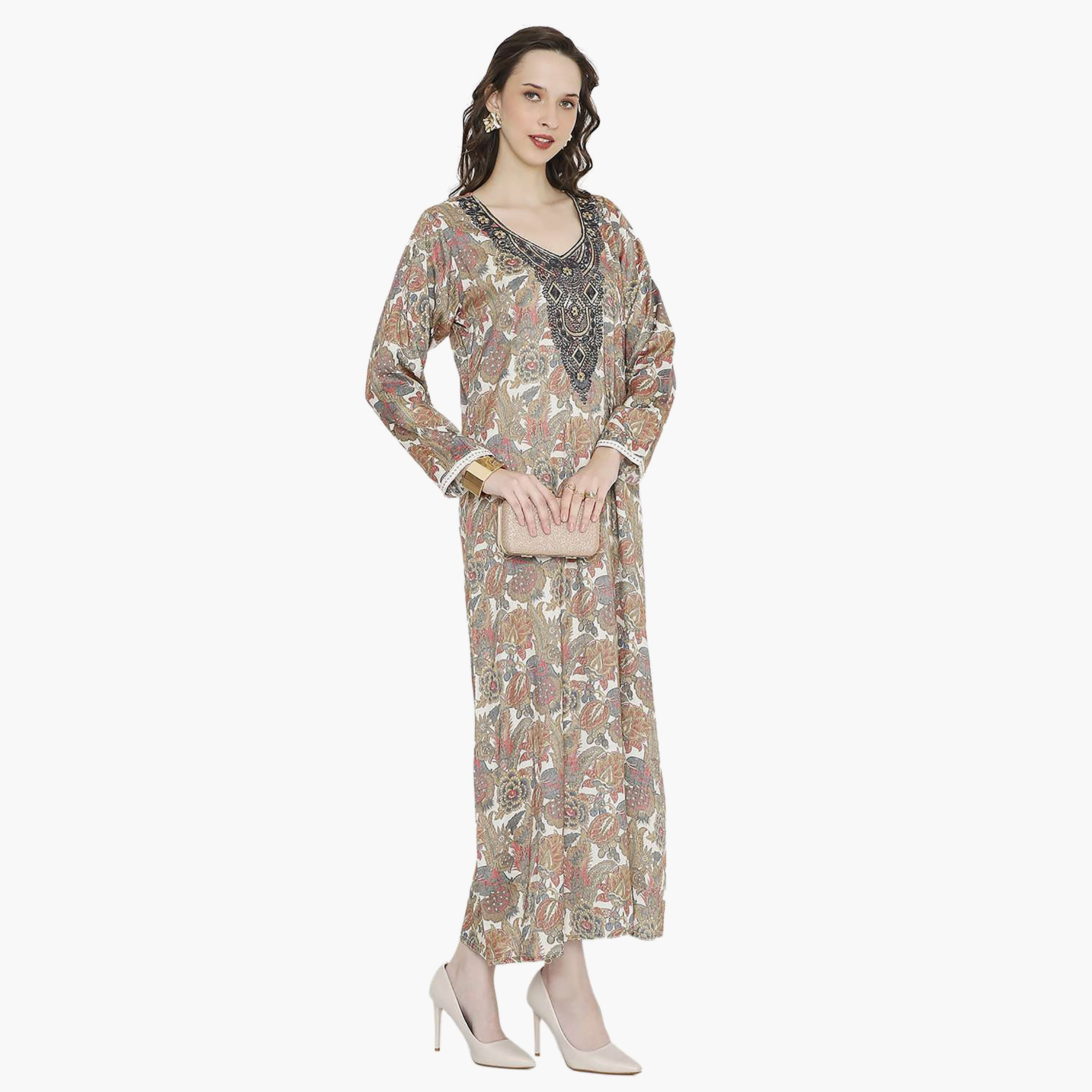 Hana & Sara Floral Embroidered Knot Neck Detail Women's Jalabiya-women-arabicclothing-jalabiyas-image-9