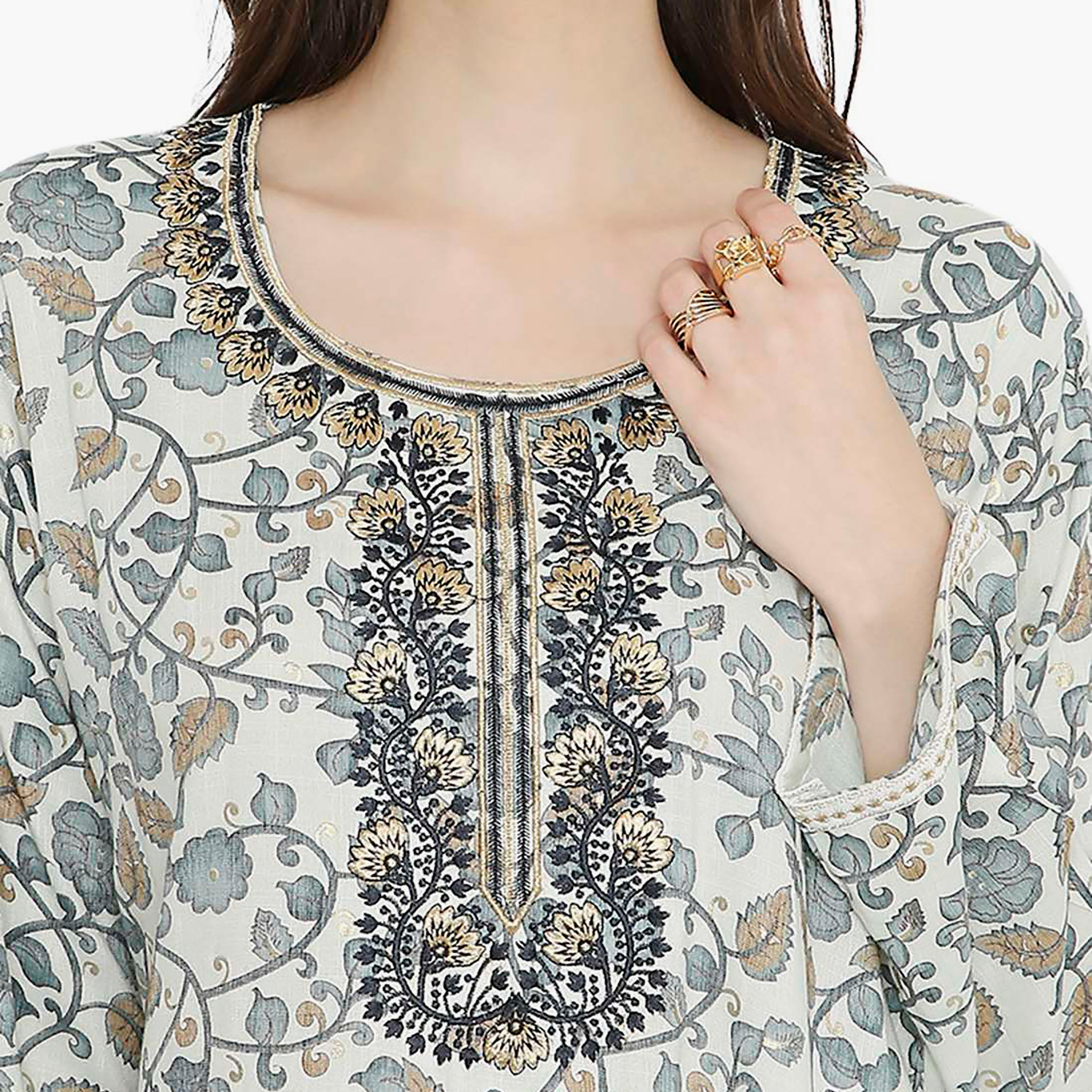 Hana & Sara Floral Embroidered Knot Neck Detail Women's Jalabiya-women-arabicclothing-jalabiyas-image-2