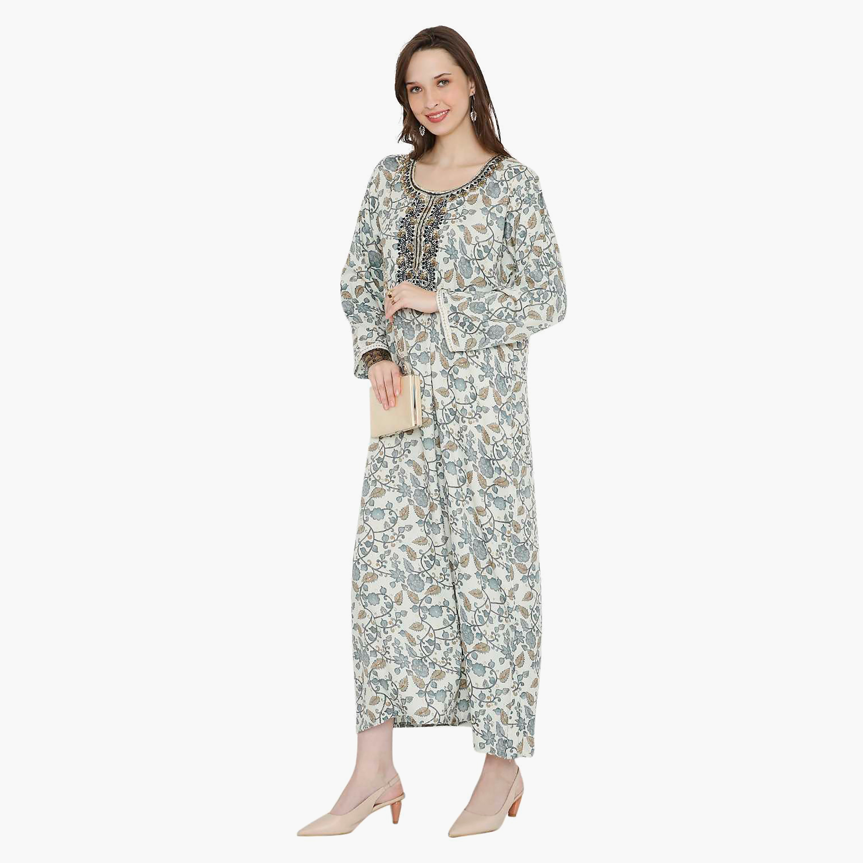 Hana & Sara Floral Embroidered Knot Neck Detail Women's Jalabiya-women-arabicclothing-jalabiyas-image-3