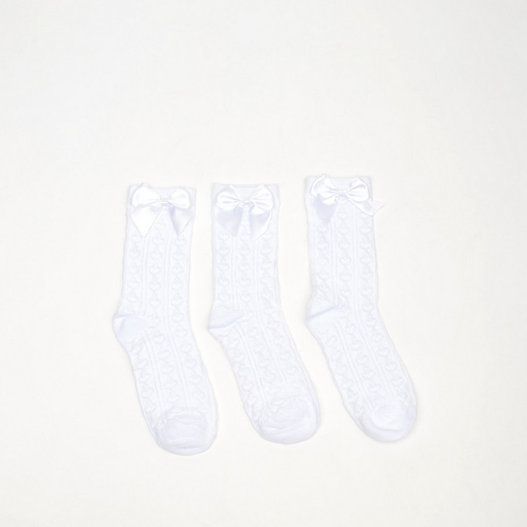 Textured Crew Length Socks with Bow Accent - Set of 3