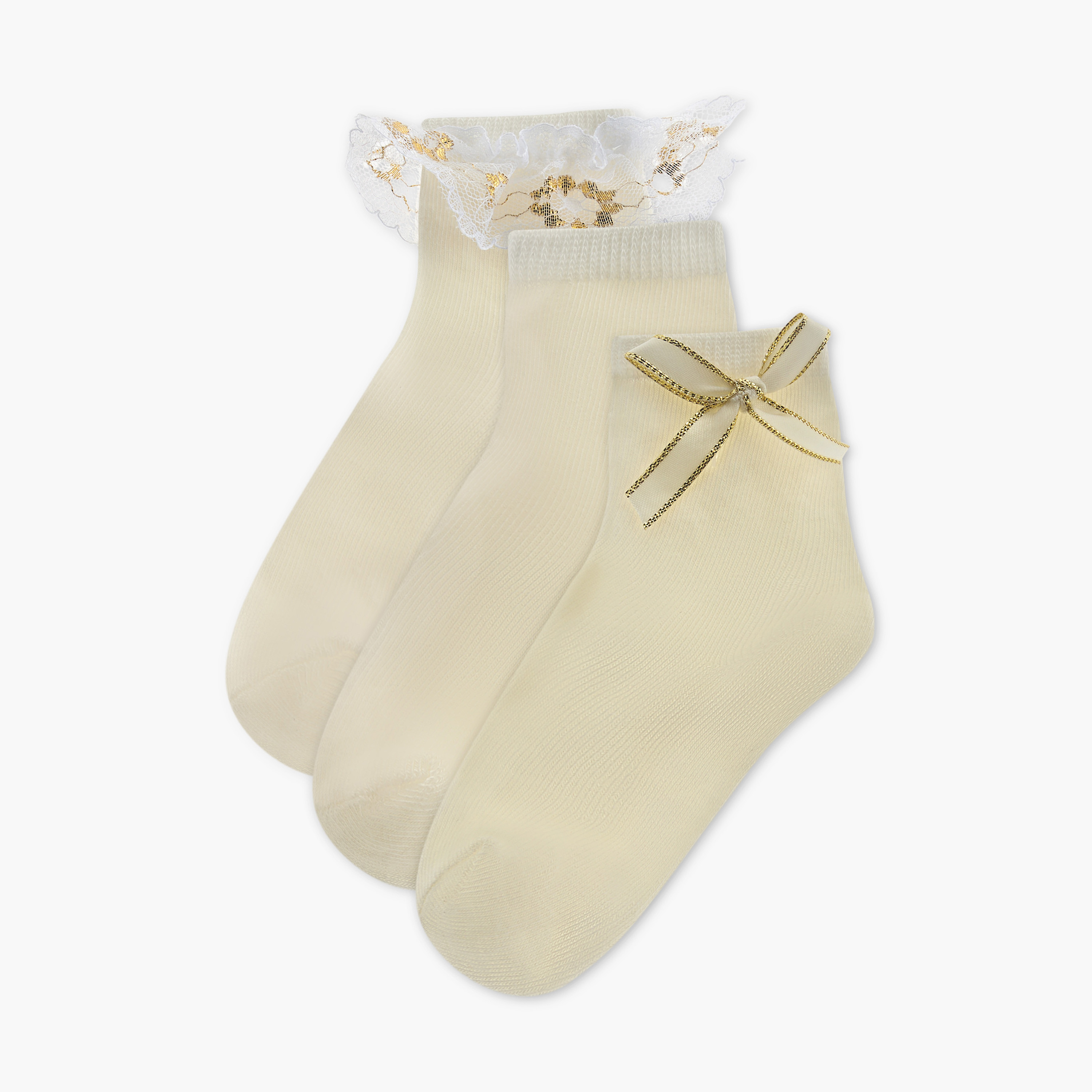 Barefeet Frill Detail Non Terry Ankle Length Socks - Set of 3-girls-accessories-socks-image-1