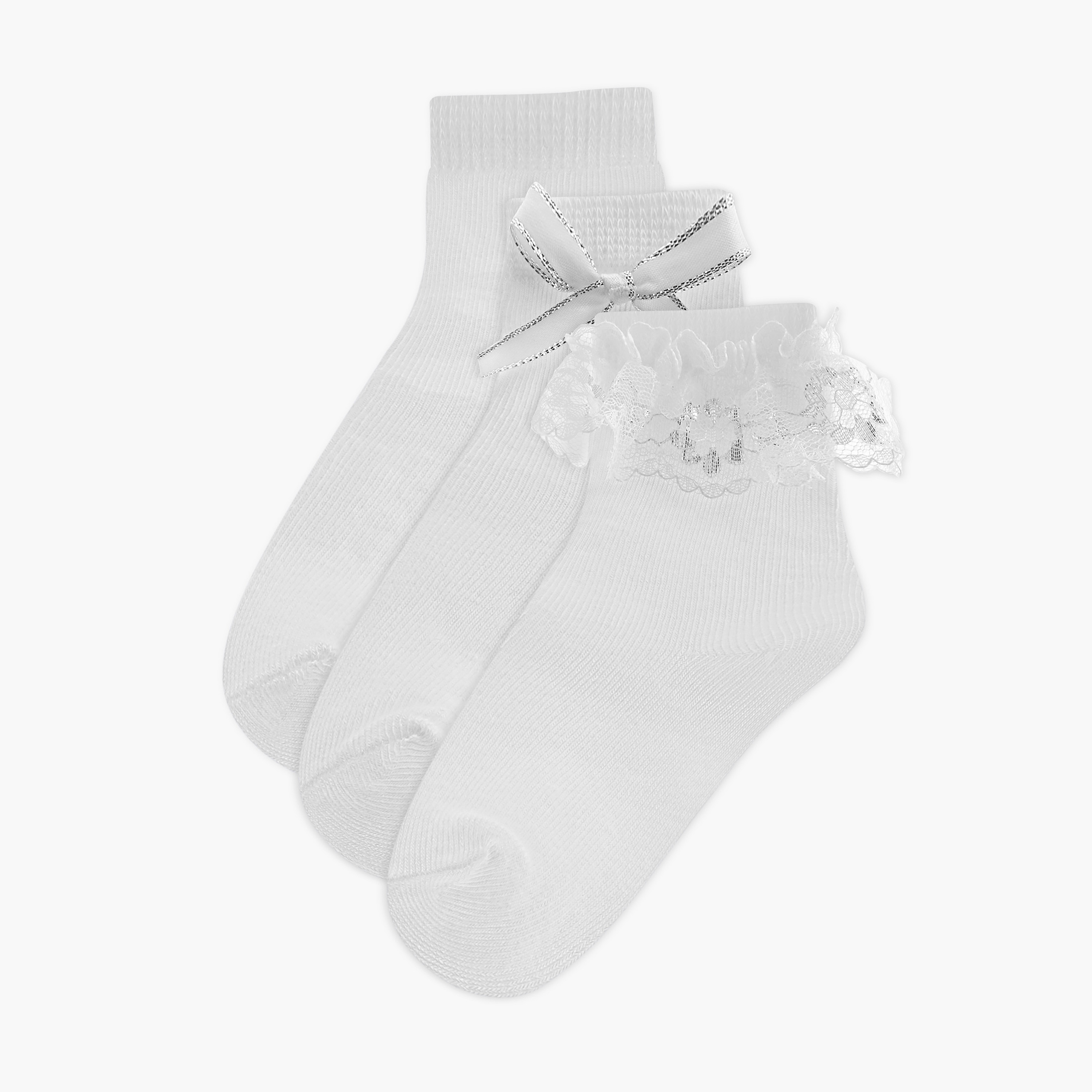 Barefeet Frill Detail Non Terry Ankle Length Socks - Set of 3-girls-accessories-socks-image-1