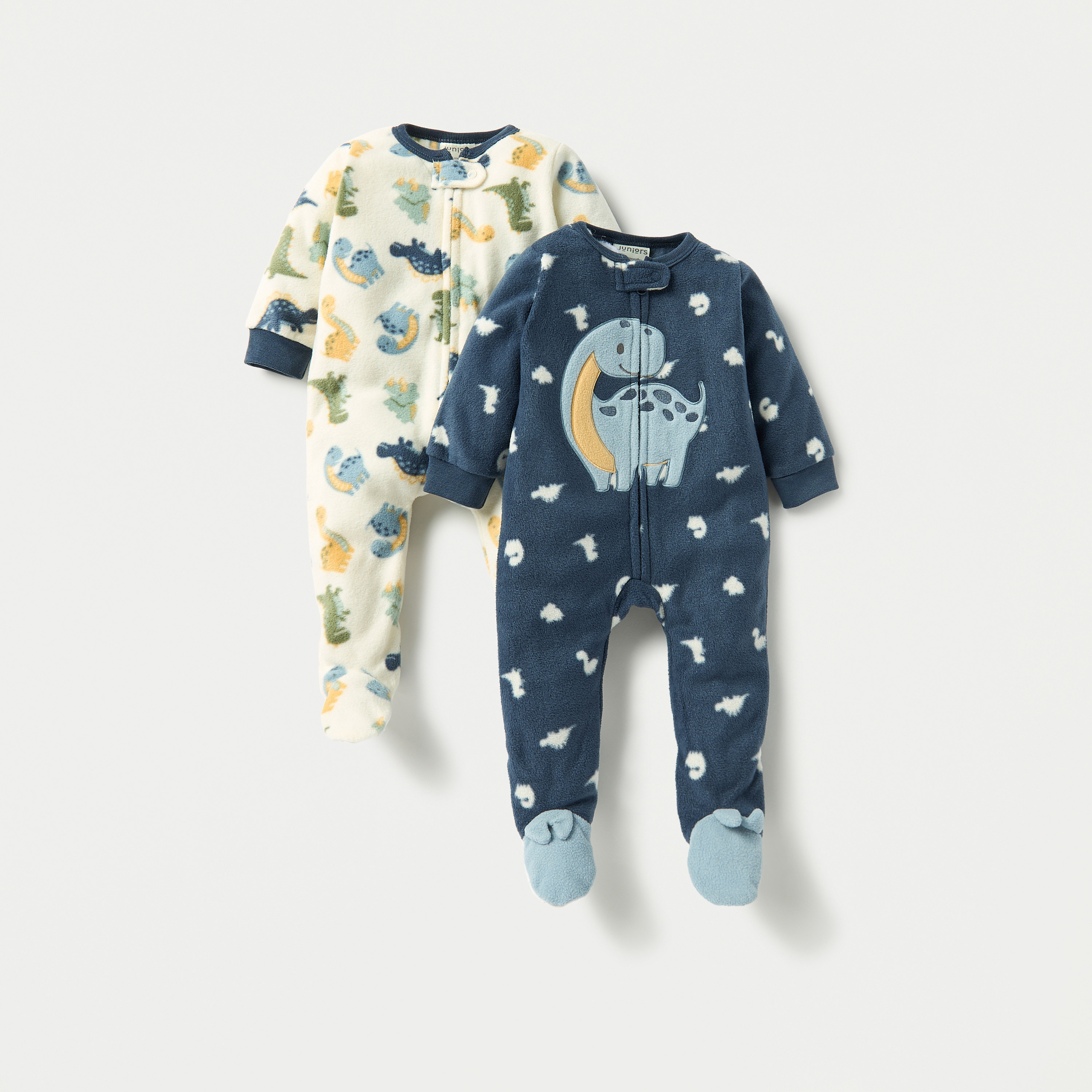 Juniors Dino Print Fleece Closed Feet Sleepsuit with Zip Closure - Set of 2-baby-boys-clothing-winterwear-sleepsuits-image-1