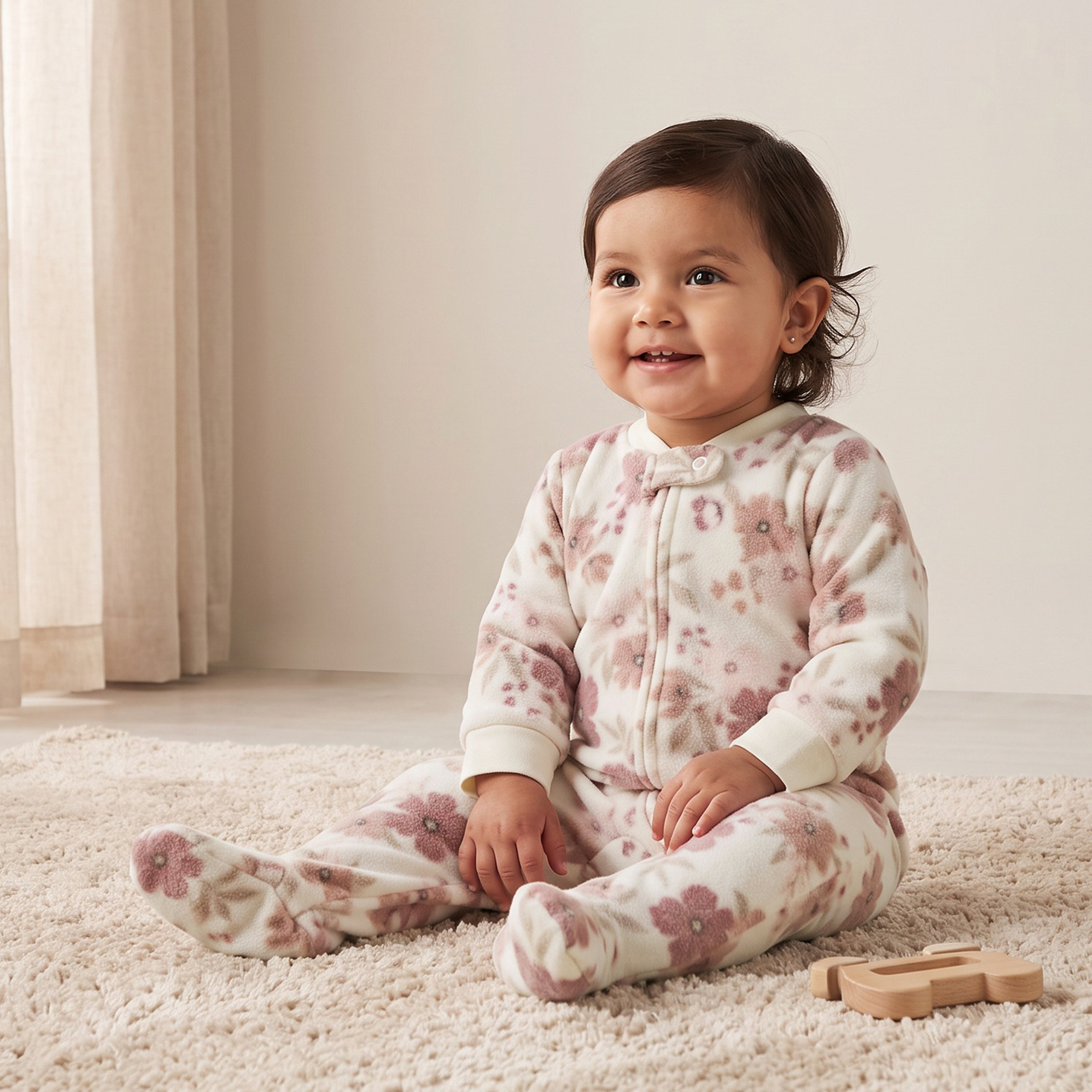Juniors Mandarin Collar Neck Long Sleeves Sleepsuit with Floral Print-baby-girls-clothing-nightwear-sleepsuits-image-1