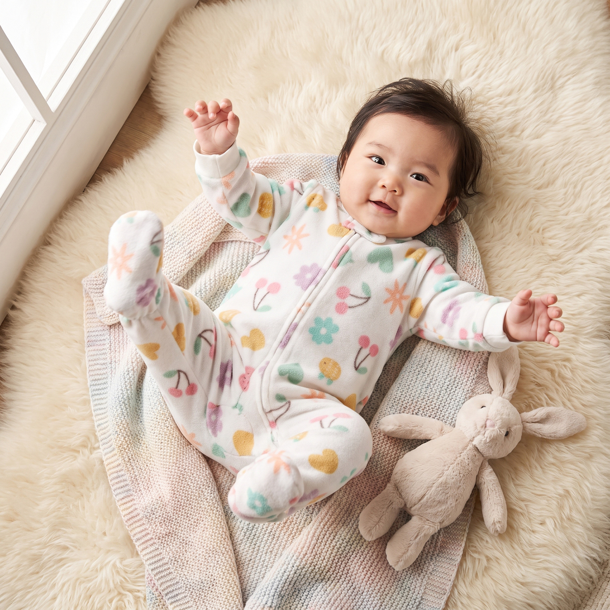 بدلة نوم صوف بطبعات أزهار وأكمام طويلة وياقة ماندارين من جونيورز-baby-girls-clothing-nightwear-sleepsuits-image-1