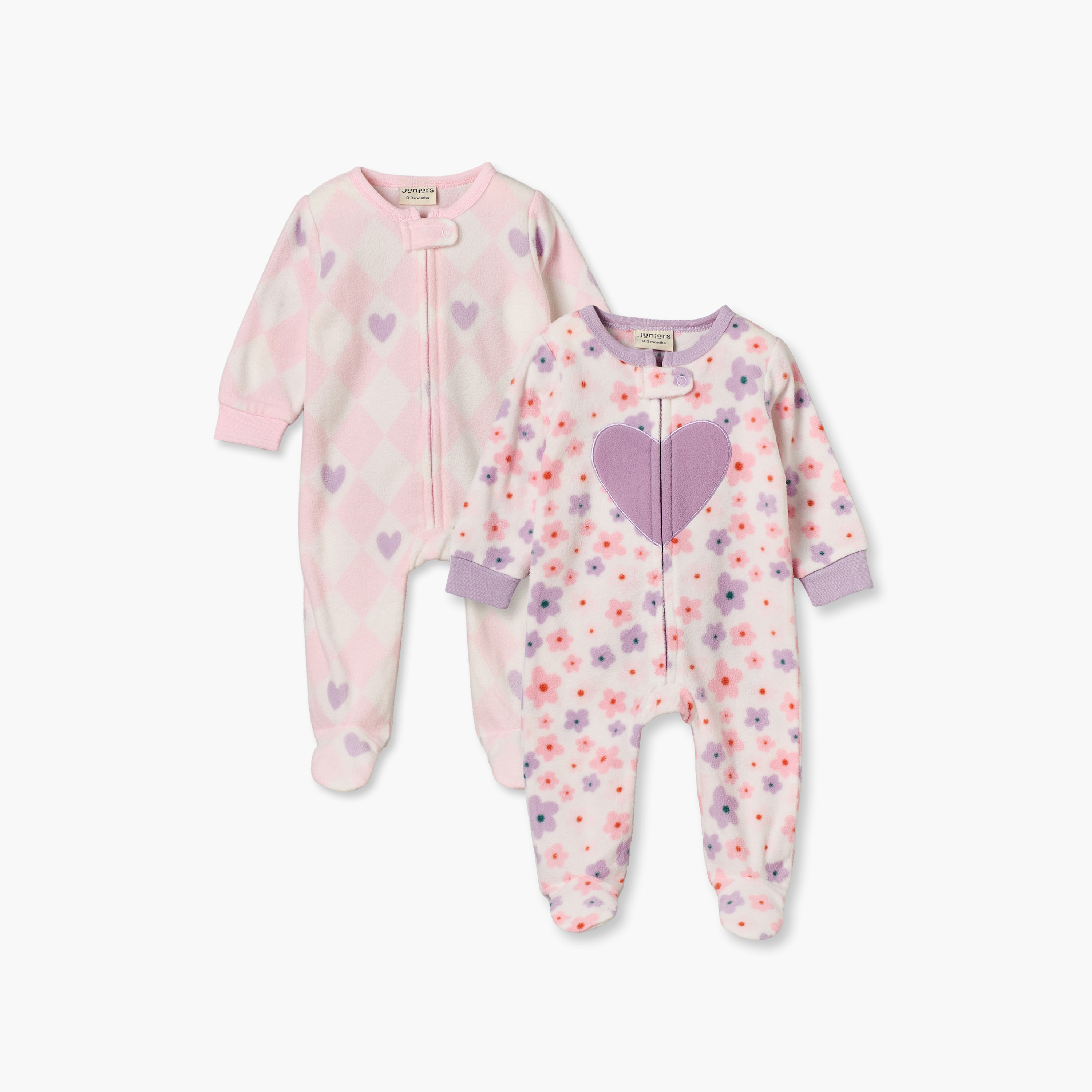 طقم بدل نوم من الفليس بياقة مستديرة وأكمام طويلة بسحاب إغلاق من جونيورز - قطعتين-baby-girls-clothing-nightwear-sleepsuits-image-1