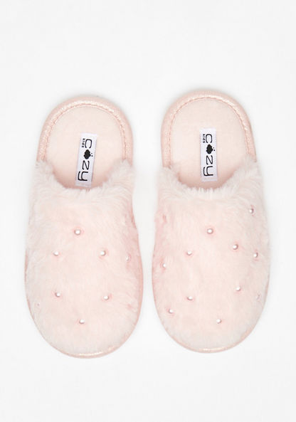 Cozy Plush Textured Slip-on Bedroom Slide Slippers with Pearl Accents-Girl%27s Bedroom Slippers-image-0