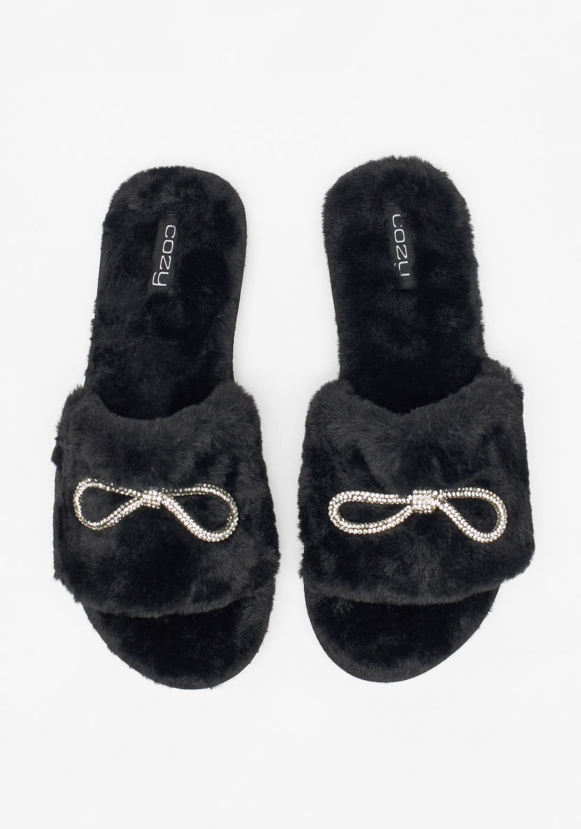 Cozy Bow Embellished Plush Slip-On Bedroom Slides-Women%27s Bedroom Slippers-image-0