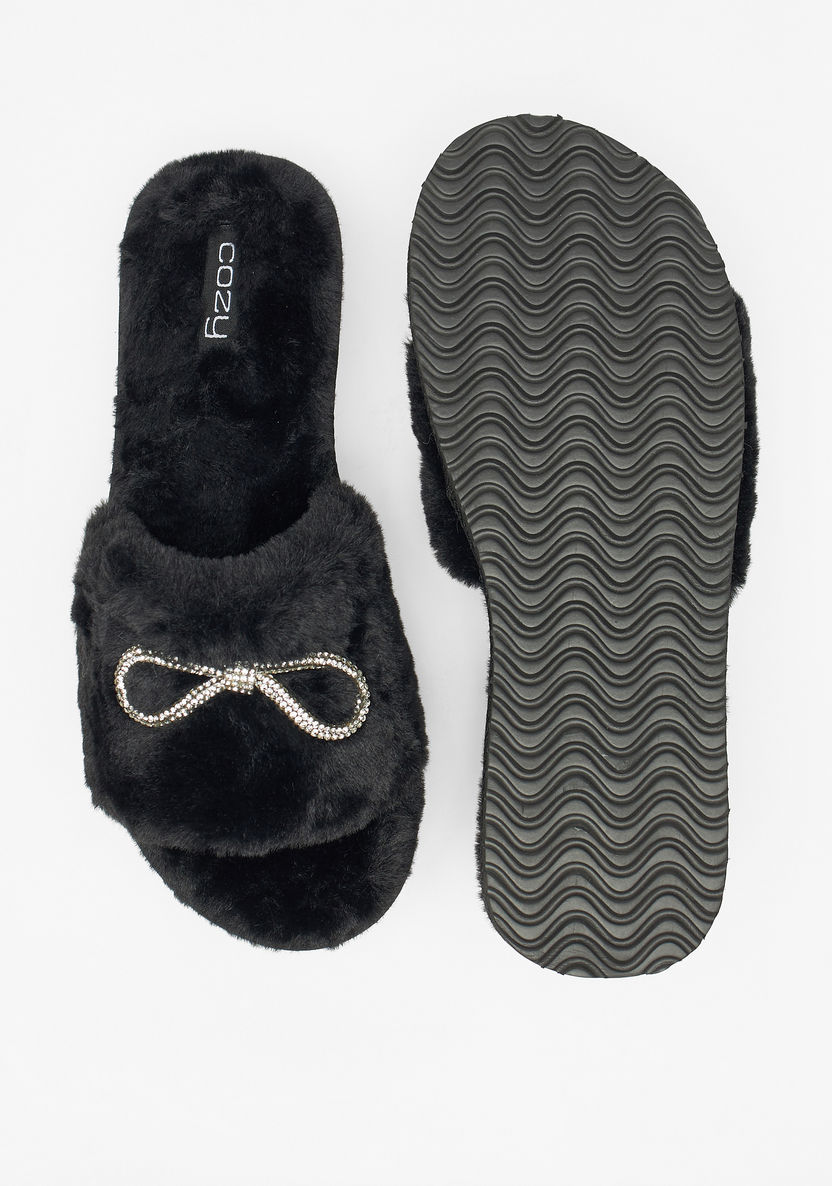 Cozy Bow Embellished Plush Slip-On Bedroom Slides-Women%27s Bedroom Slippers-image-4