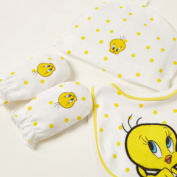 Tweety Print Bib with Cap and Mittens