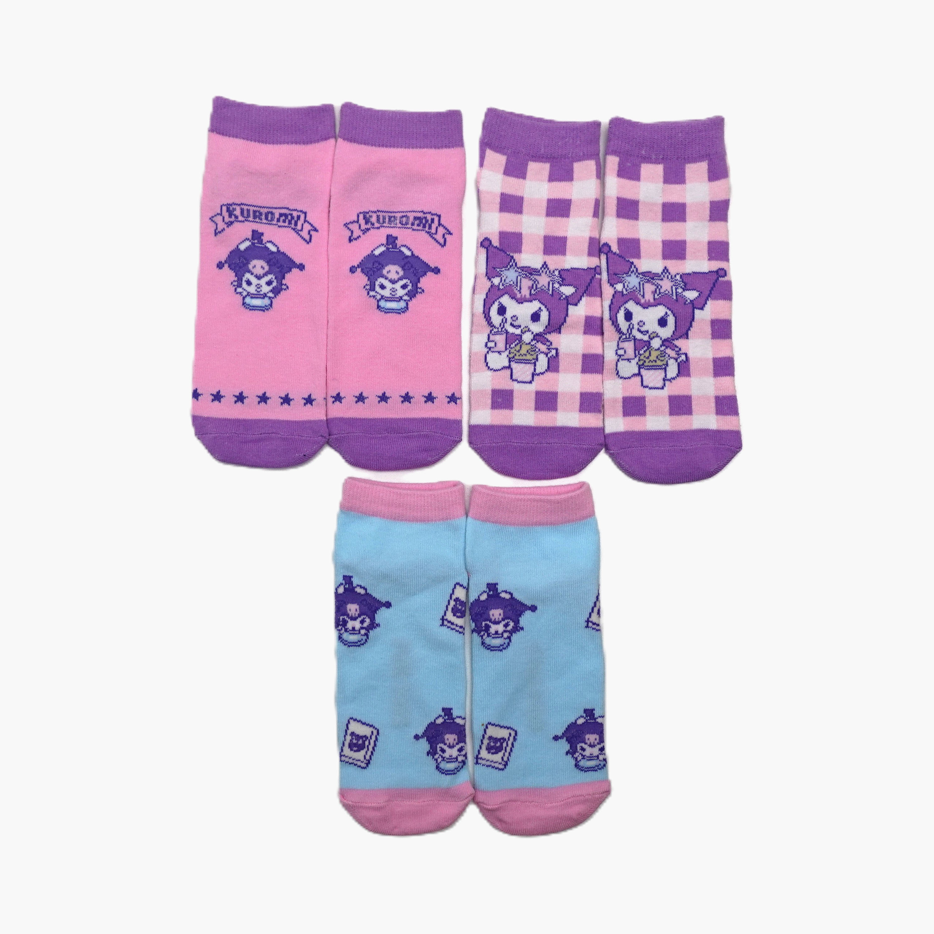 Kuromi 3-Pair Cotton Blend Printed Ankle Socks-girls-accessories-socks-image-1