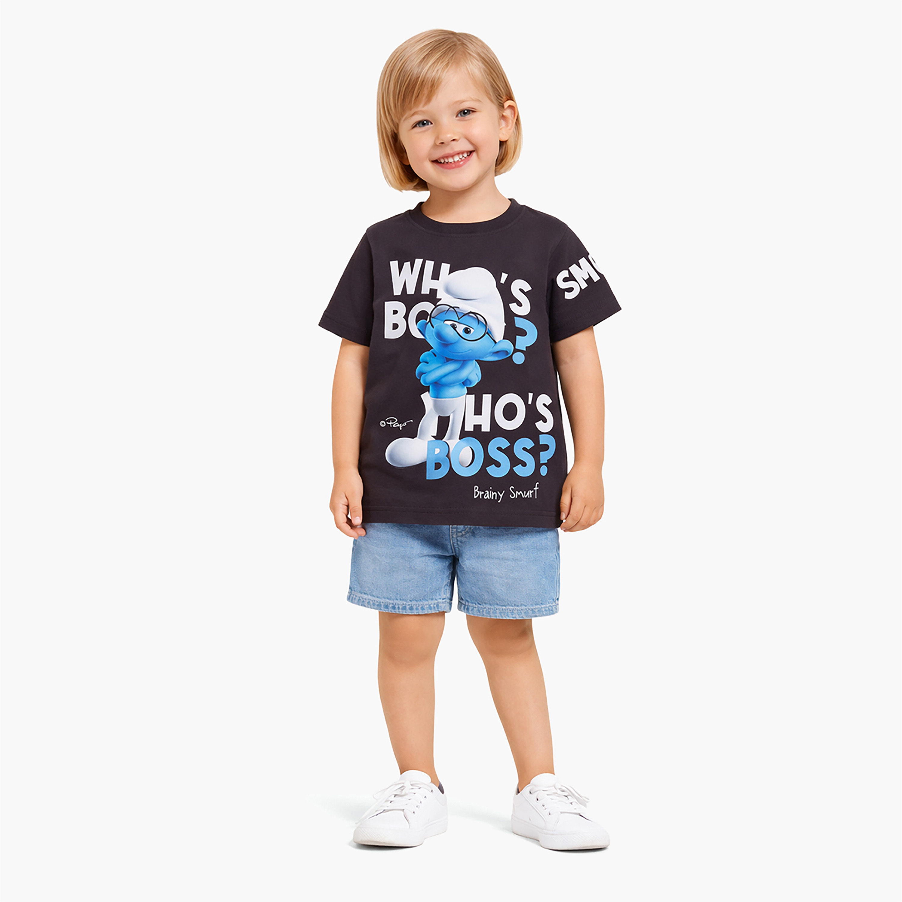 تي شيرت بأكمام قصيرة ورقبة دائرية بطابع السنافر-boys-clothing-tshirtsandpolos-image-1