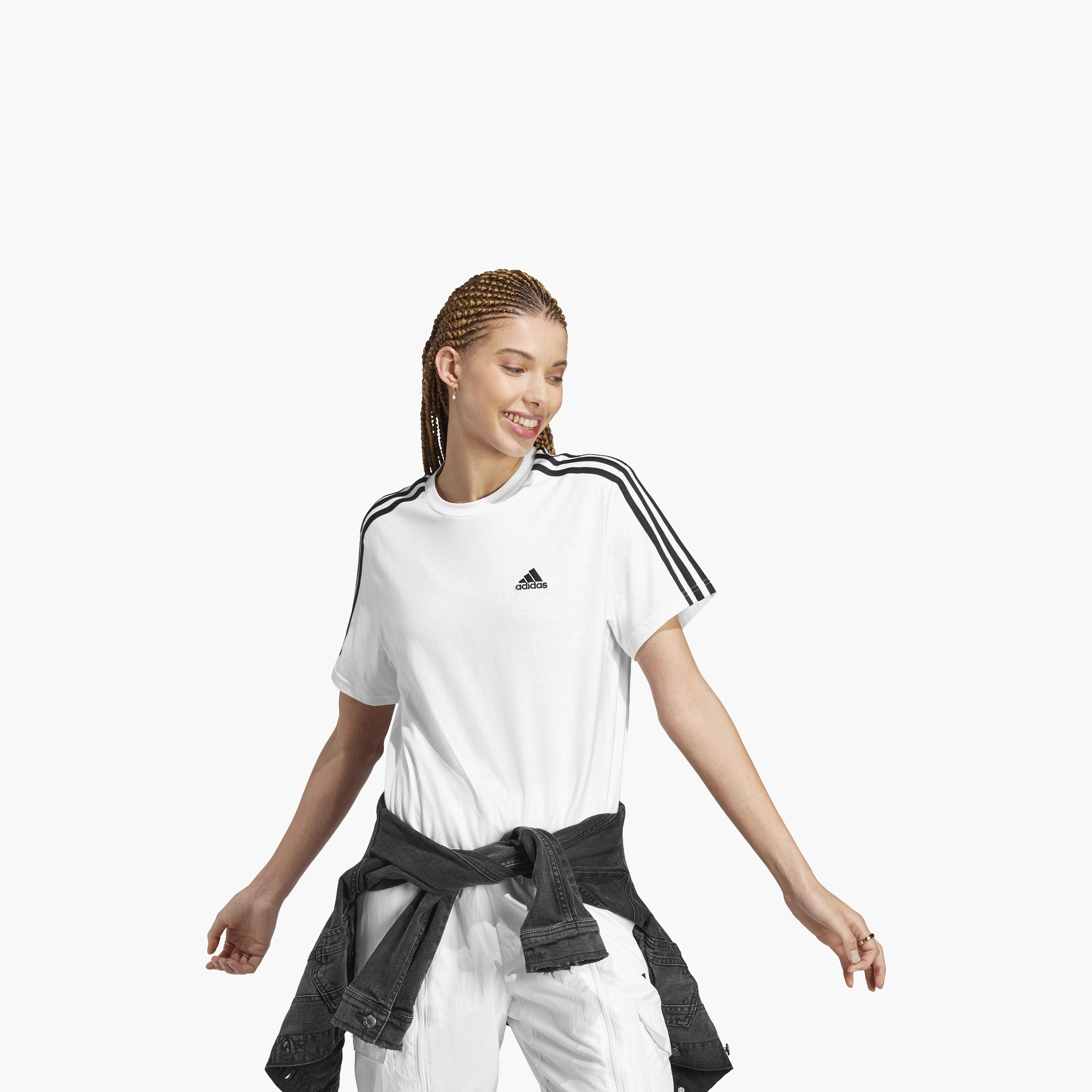 تي شيرت جيرسيه قصير واحد بثلاثة خطوط ذو إيسنشيالز من أديداس للنساء HR4915 | OE-sports-women-clothing-tshirtsandvests-image-2