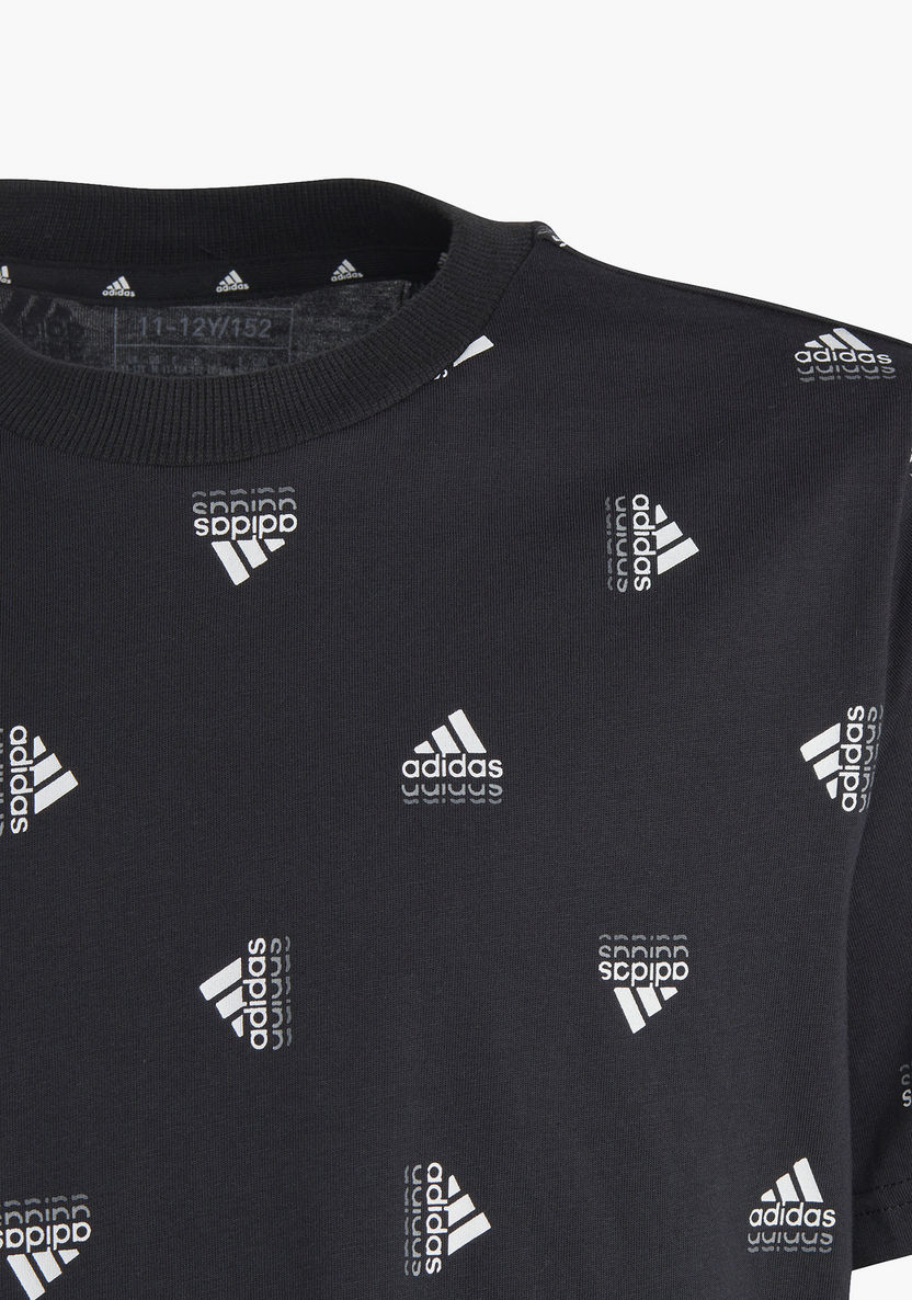 adidas All-Over Logo Print Round Neck T-shirt with Short Sleeves-Tops-image-3