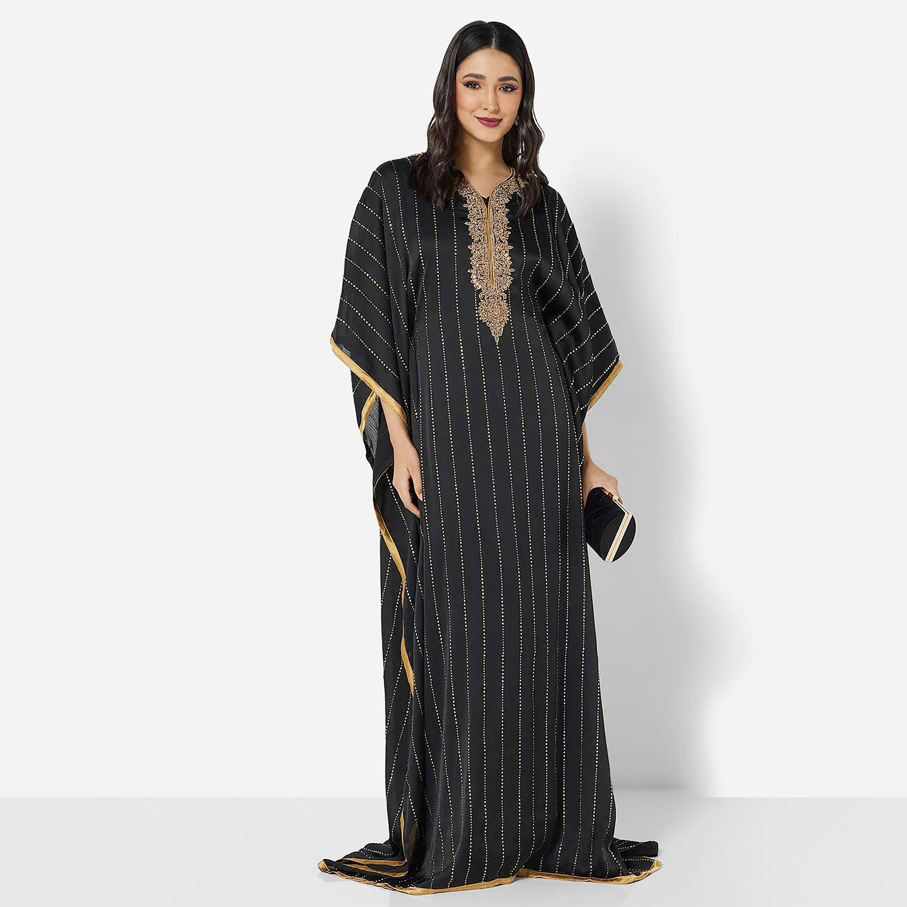 Hana & Sara Black Embellished Diamond Neck Flared Sleeves Women's Jalabiya-women-arabicclothing-jalabiyas-image-3
