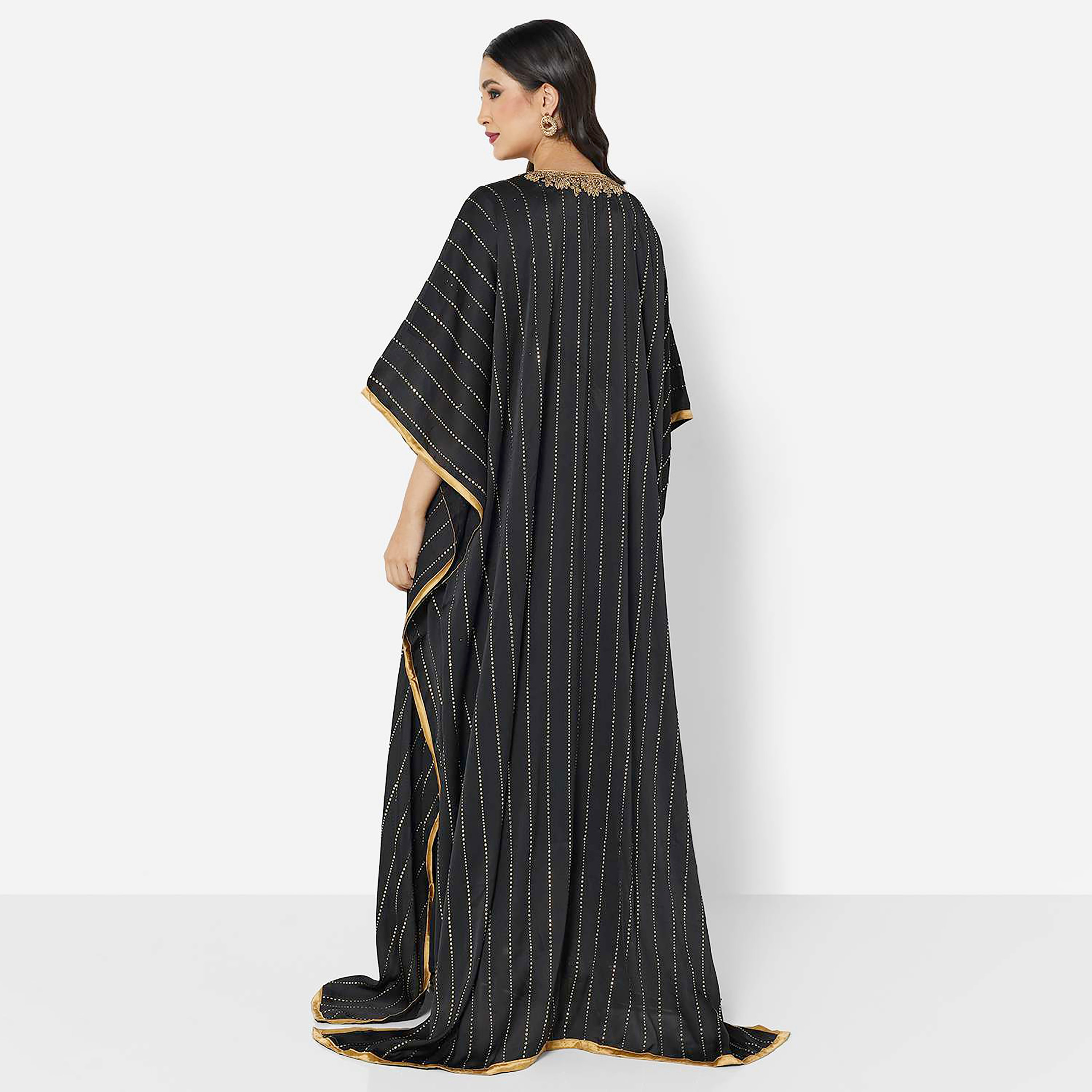 Hana & Sara Black Embellished Diamond Neck Flared Sleeves Women's Jalabiya-women-arabicclothing-jalabiyas-image-4