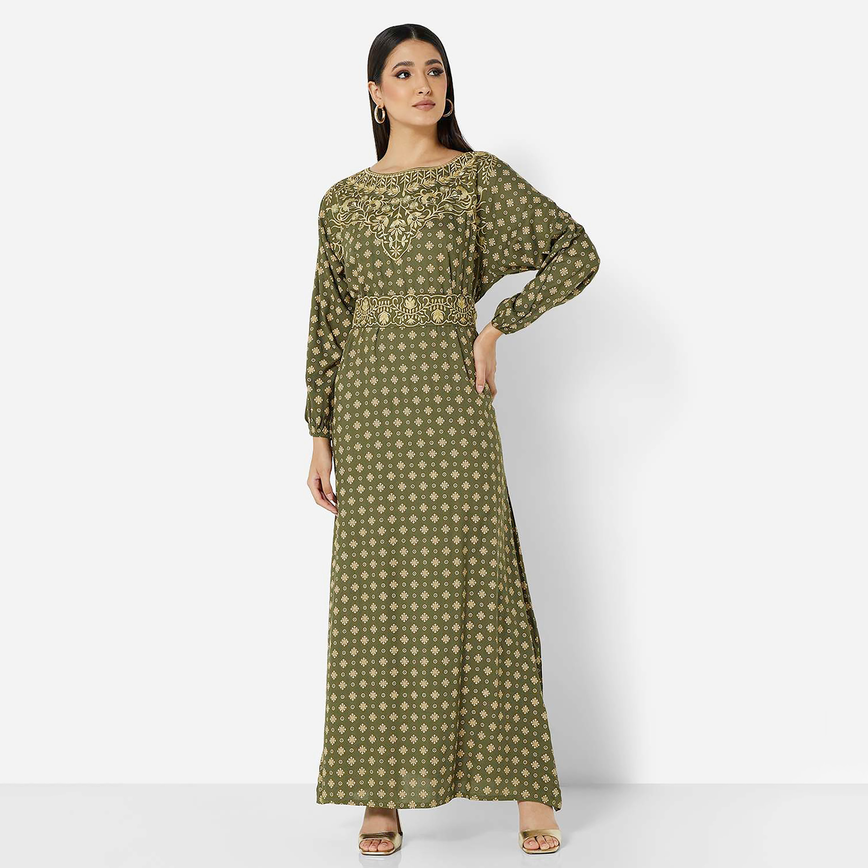 Hana & Sara Green Embroidered Women's Jalabiya-women-arabicclothing-jalabiyas-image-1