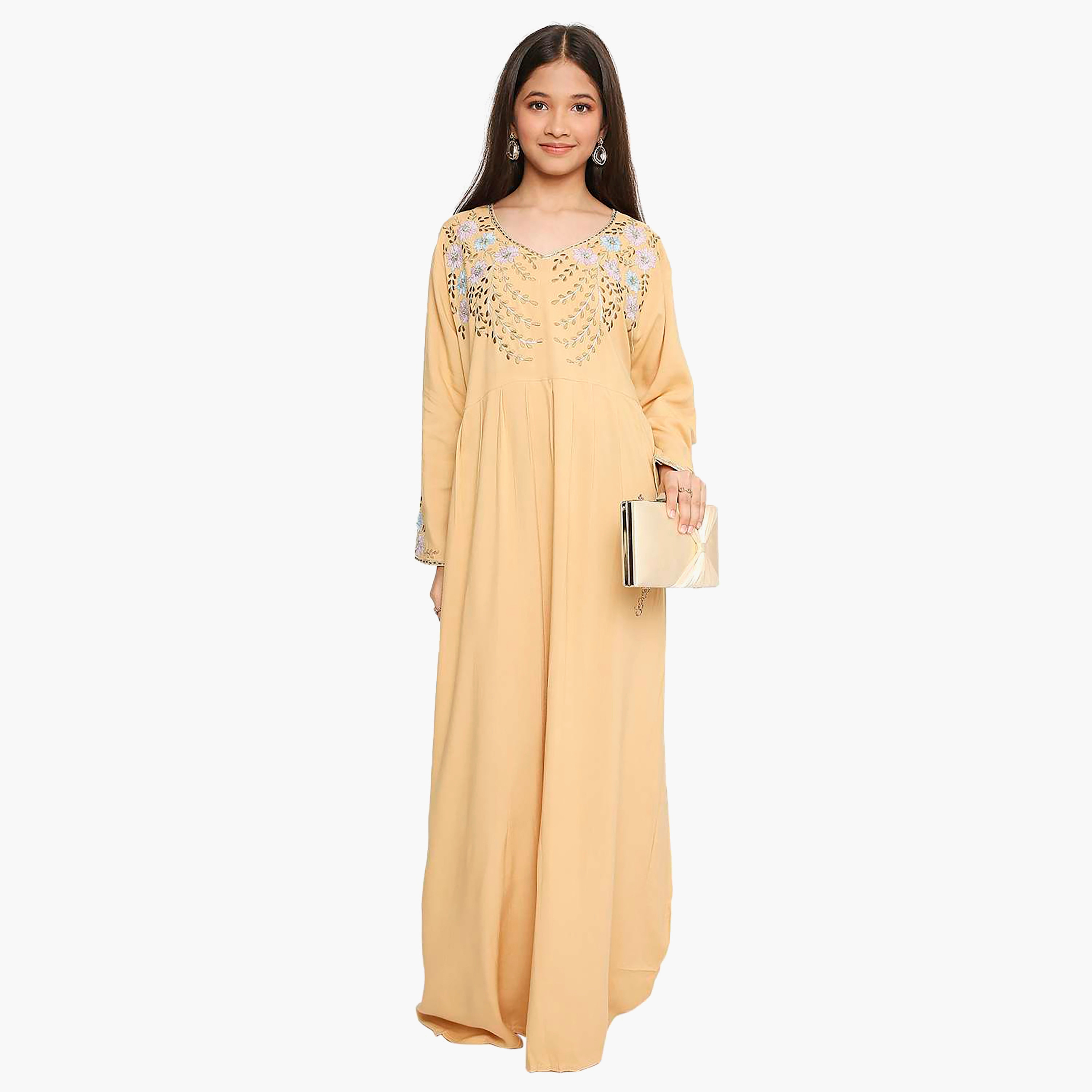 Hana & Sara Beige Floral Embroidered Yoke Detail Neck Designed Cuff Sleeves Girls Jalabiya-girls-arabicclothing-kaftans-image-1