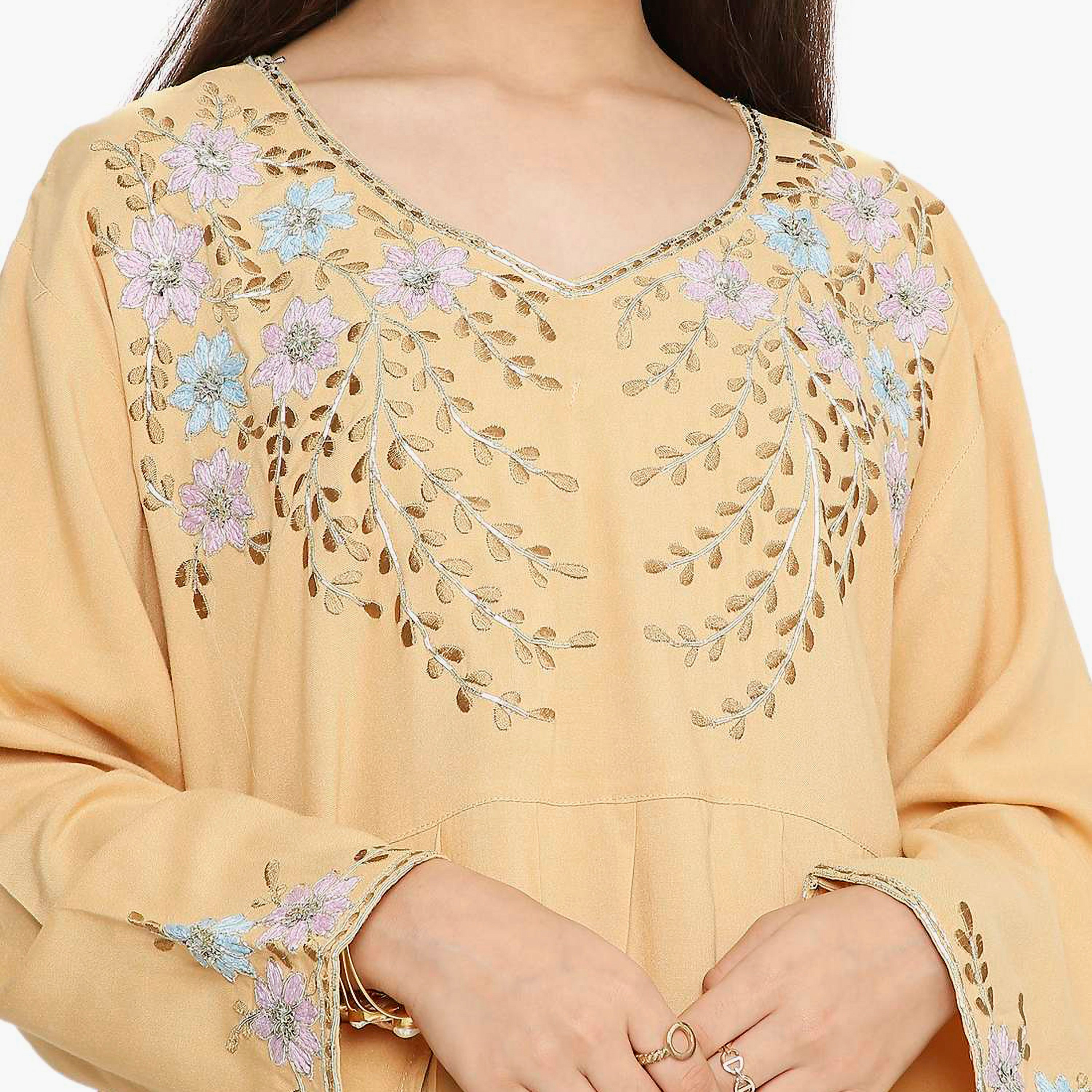 Hana & Sara Beige Floral Embroidered Yoke Detail Neck Designed Cuff Sleeves Girls Jalabiya-girls-arabicclothing-kaftans-image-2