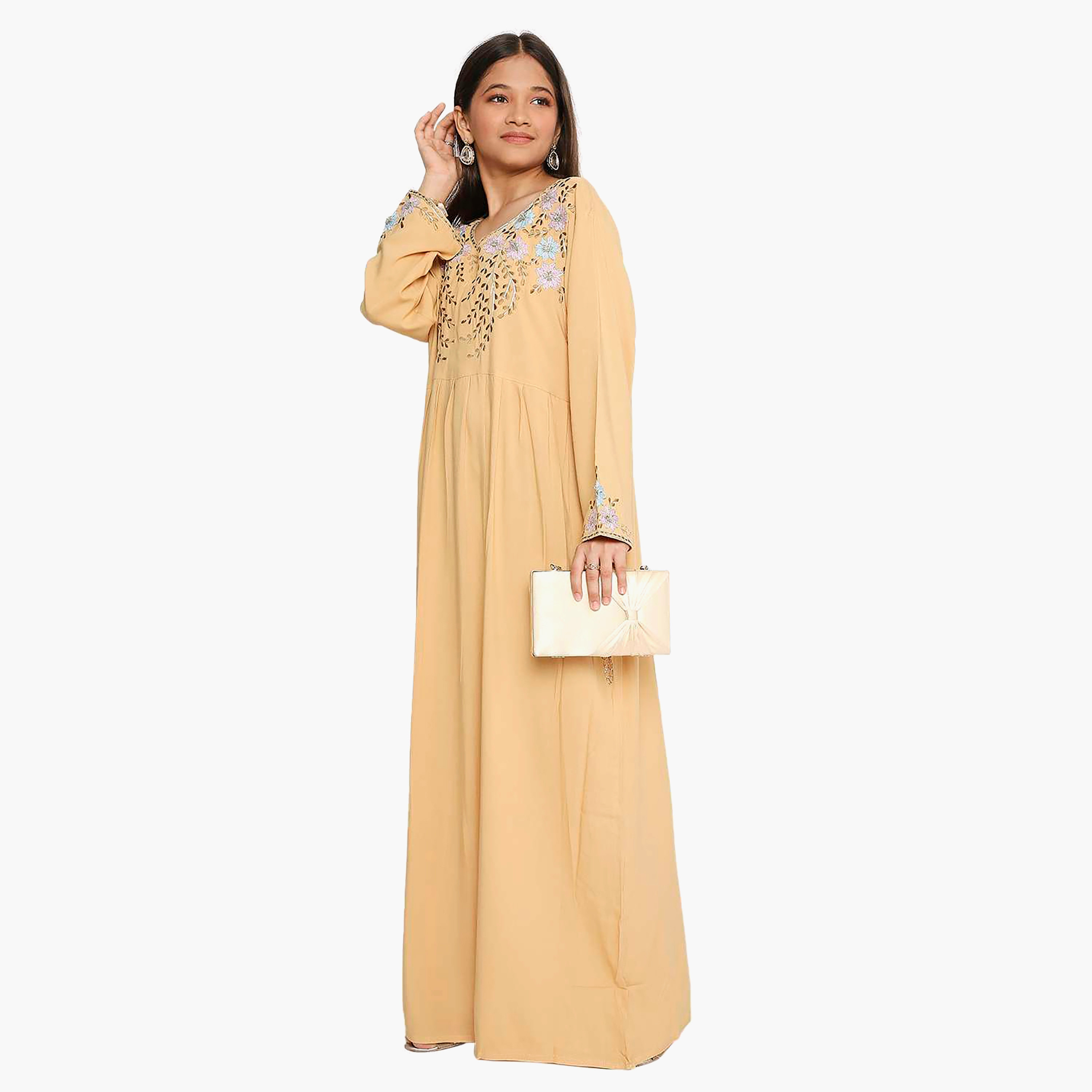 Hana & Sara Beige Floral Embroidered Yoke Detail Neck Designed Cuff Sleeves Girls Jalabiya-girls-arabicclothing-kaftans-image-3