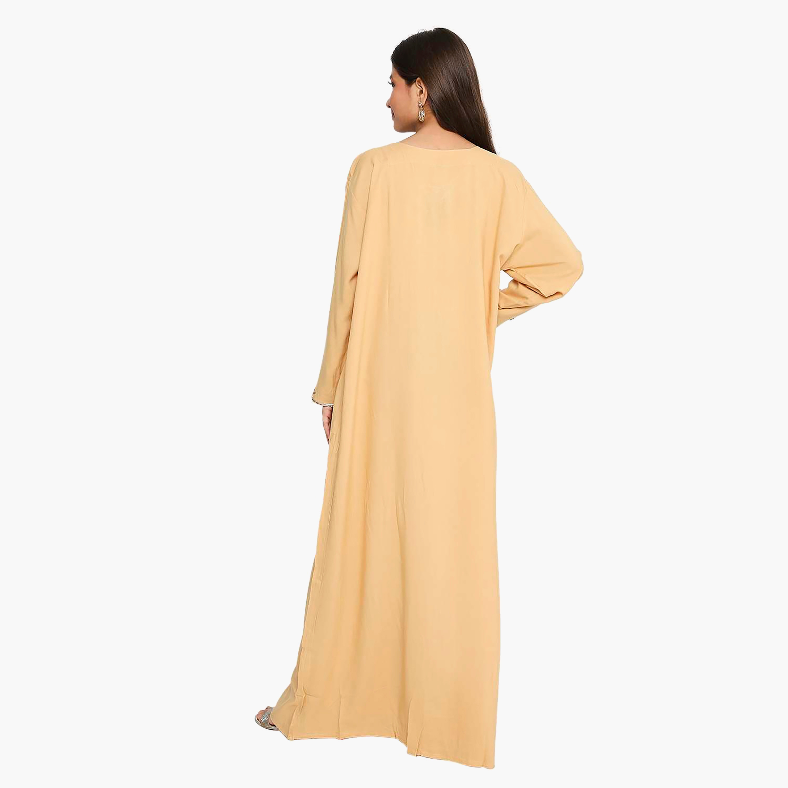 Hana & Sara Beige Floral Embroidered Yoke Detail Neck Designed Cuff Sleeves Girls Jalabiya-girls-arabicclothing-kaftans-image-4