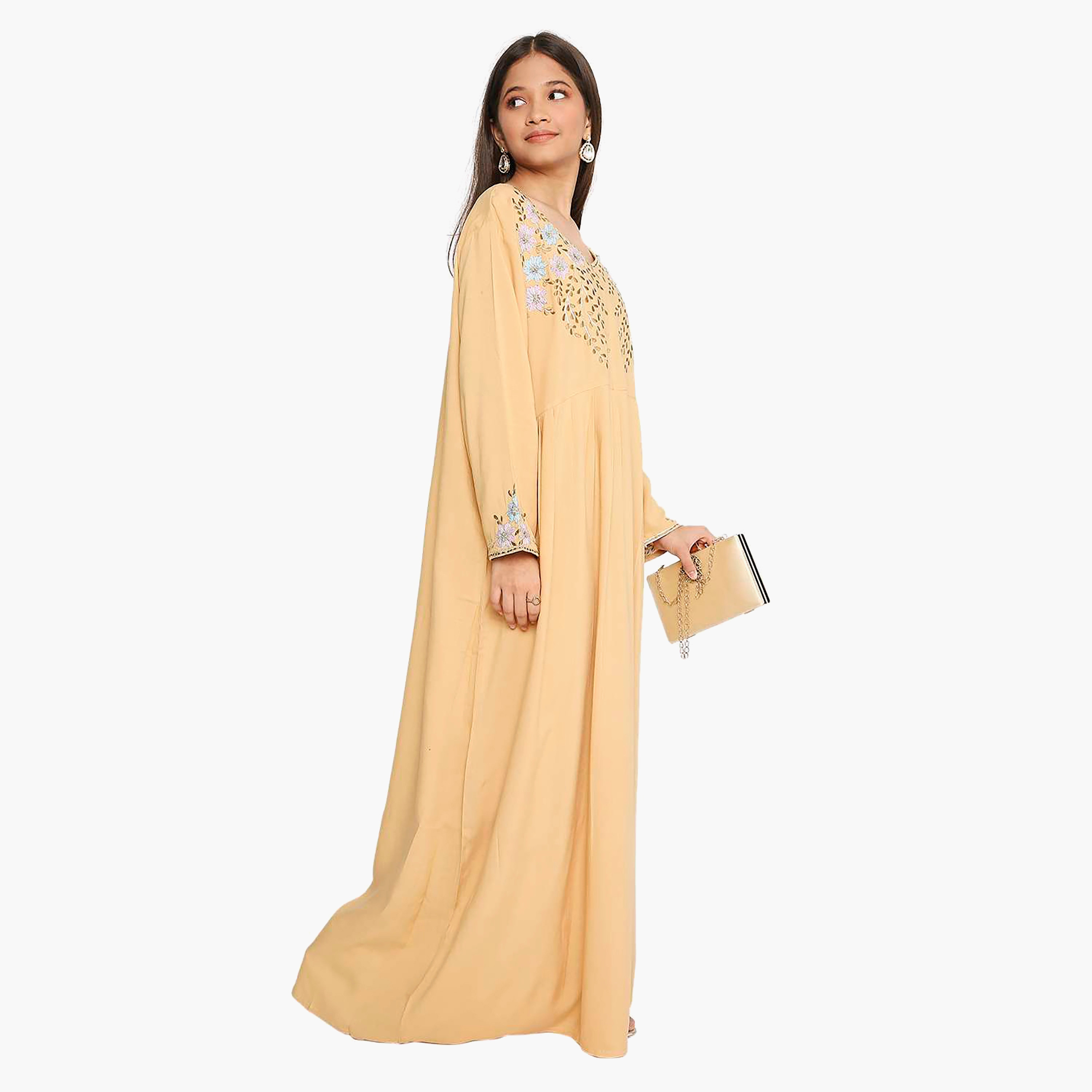 Hana & Sara Beige Floral Embroidered Yoke Detail Neck Designed Cuff Sleeves Girls Jalabiya-girls-arabicclothing-kaftans-image-5