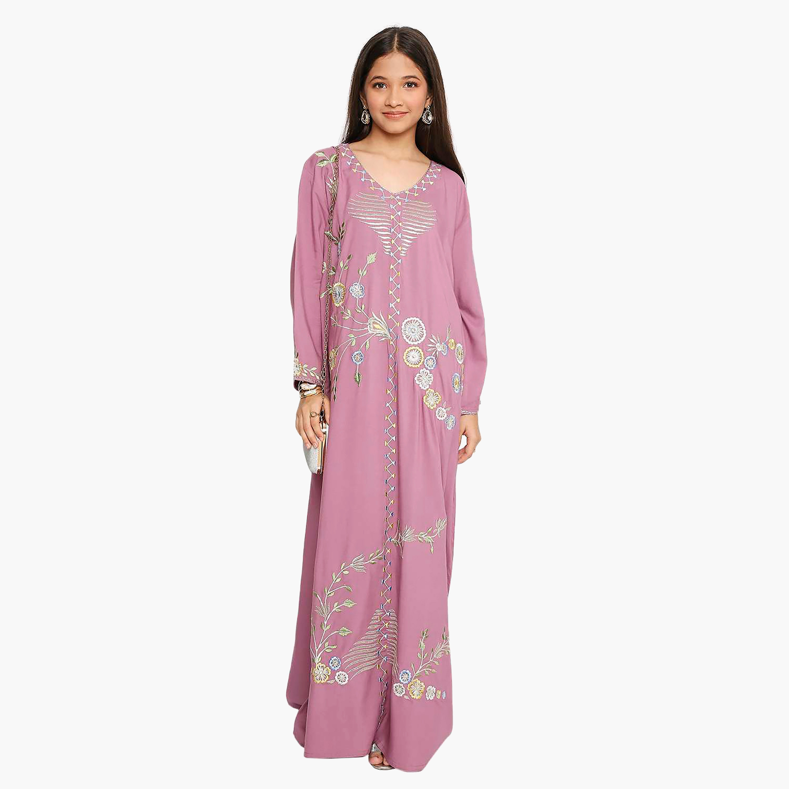 جلابية بأكمام طويلة مطرزة بزهور اللافندر الداكنة للبنات من هانا اند سارة-girls-arabicclothing-kaftans-image-1