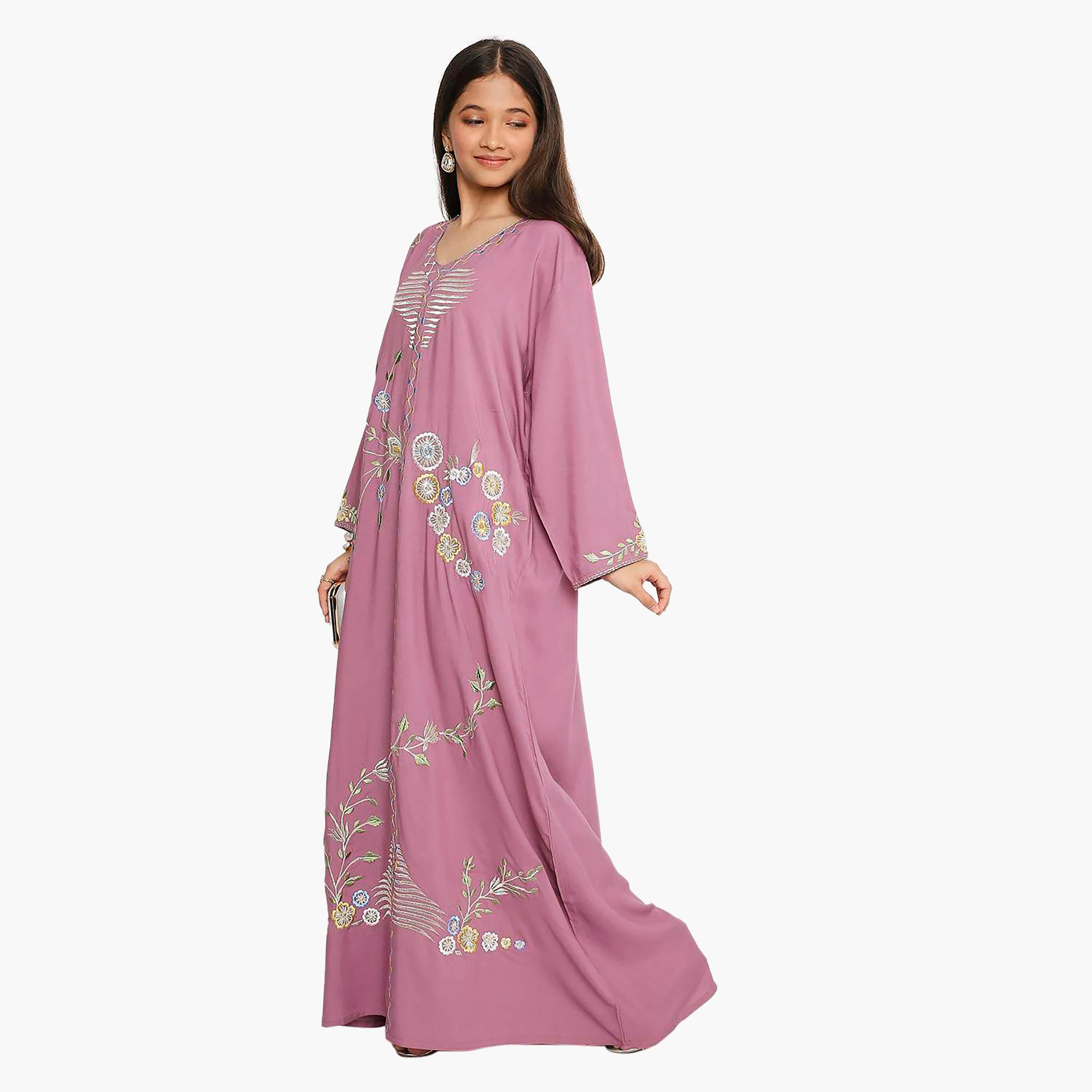 جلابية بأكمام طويلة مطرزة بزهور اللافندر الداكنة للبنات من هانا اند سارة-girls-arabicclothing-kaftans-image-3