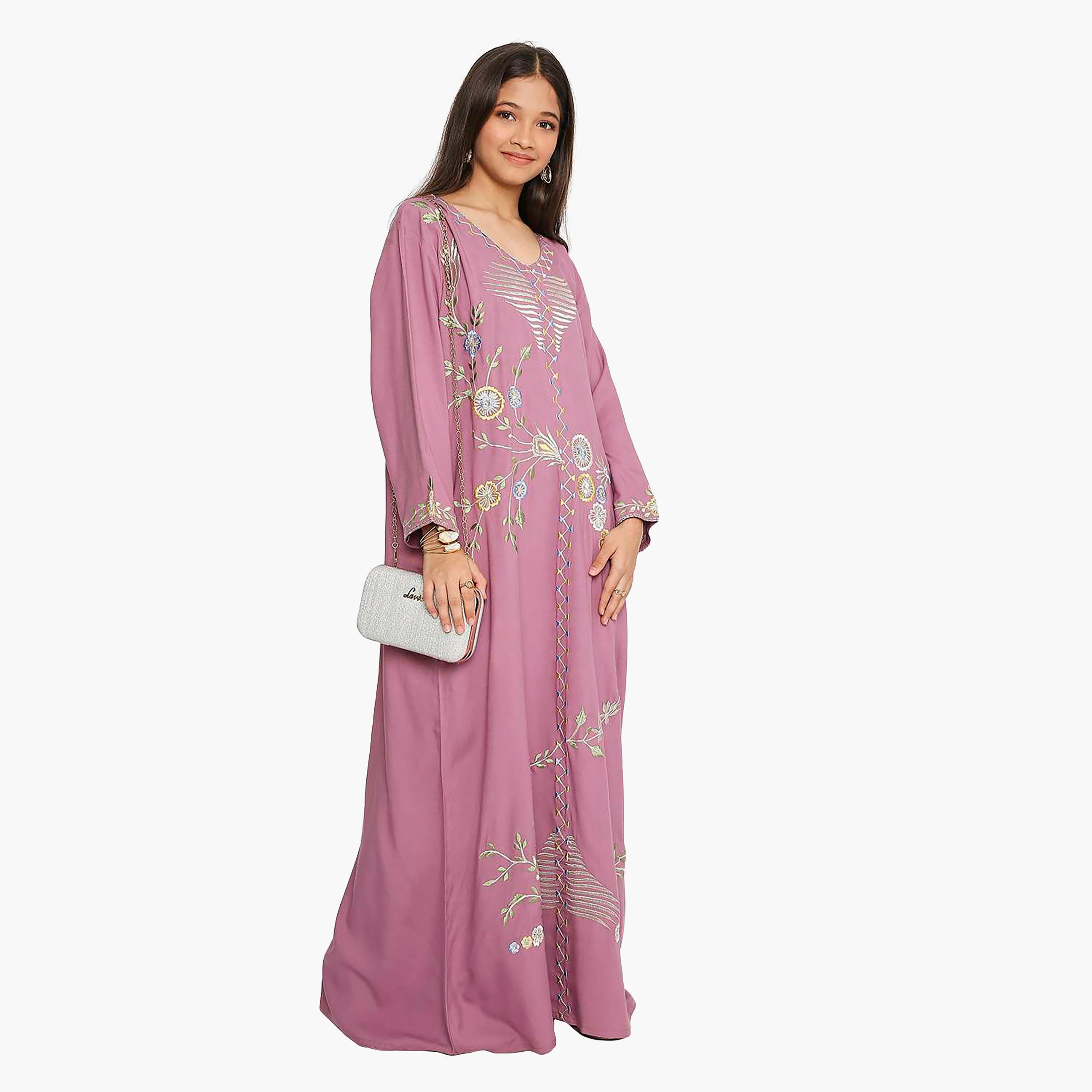 جلابية بأكمام طويلة مطرزة بزهور اللافندر الداكنة للبنات من هانا اند سارة-girls-arabicclothing-kaftans-image-5