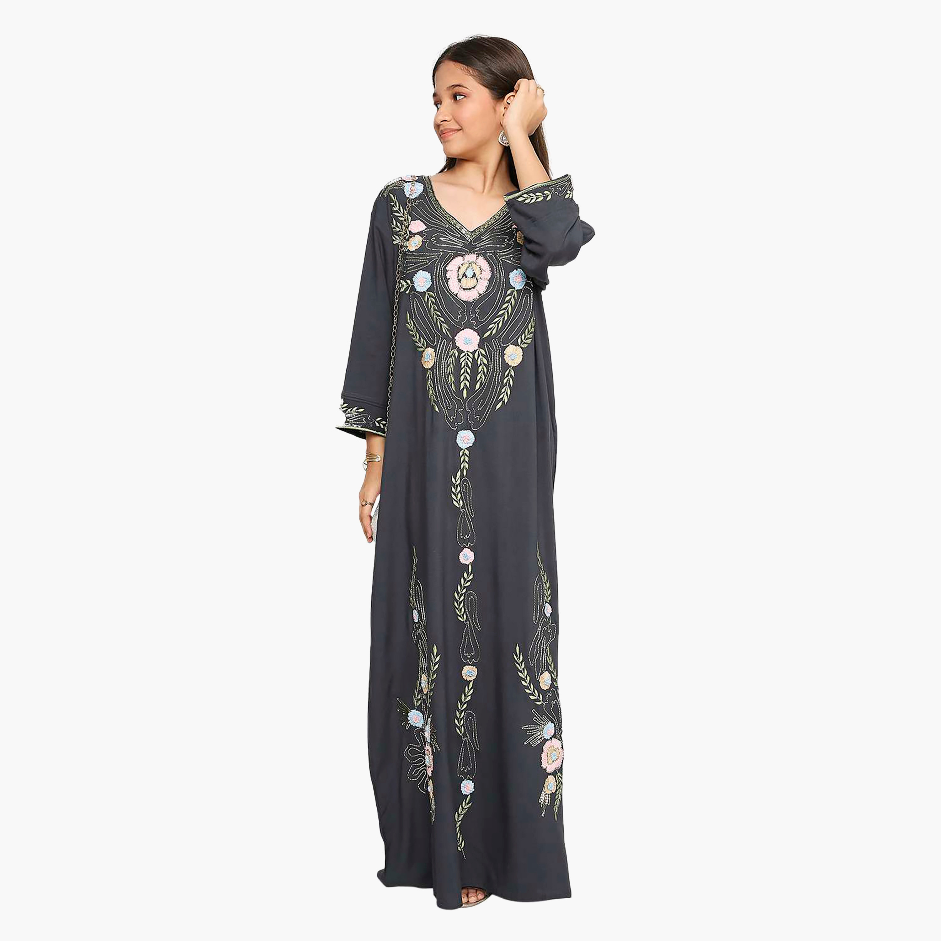 Hana & Sara Navy Blue Floral Embroidered Designed Cuff Sleeves Girls Jalabiya-girls-arabicclothing-kaftans-image-1