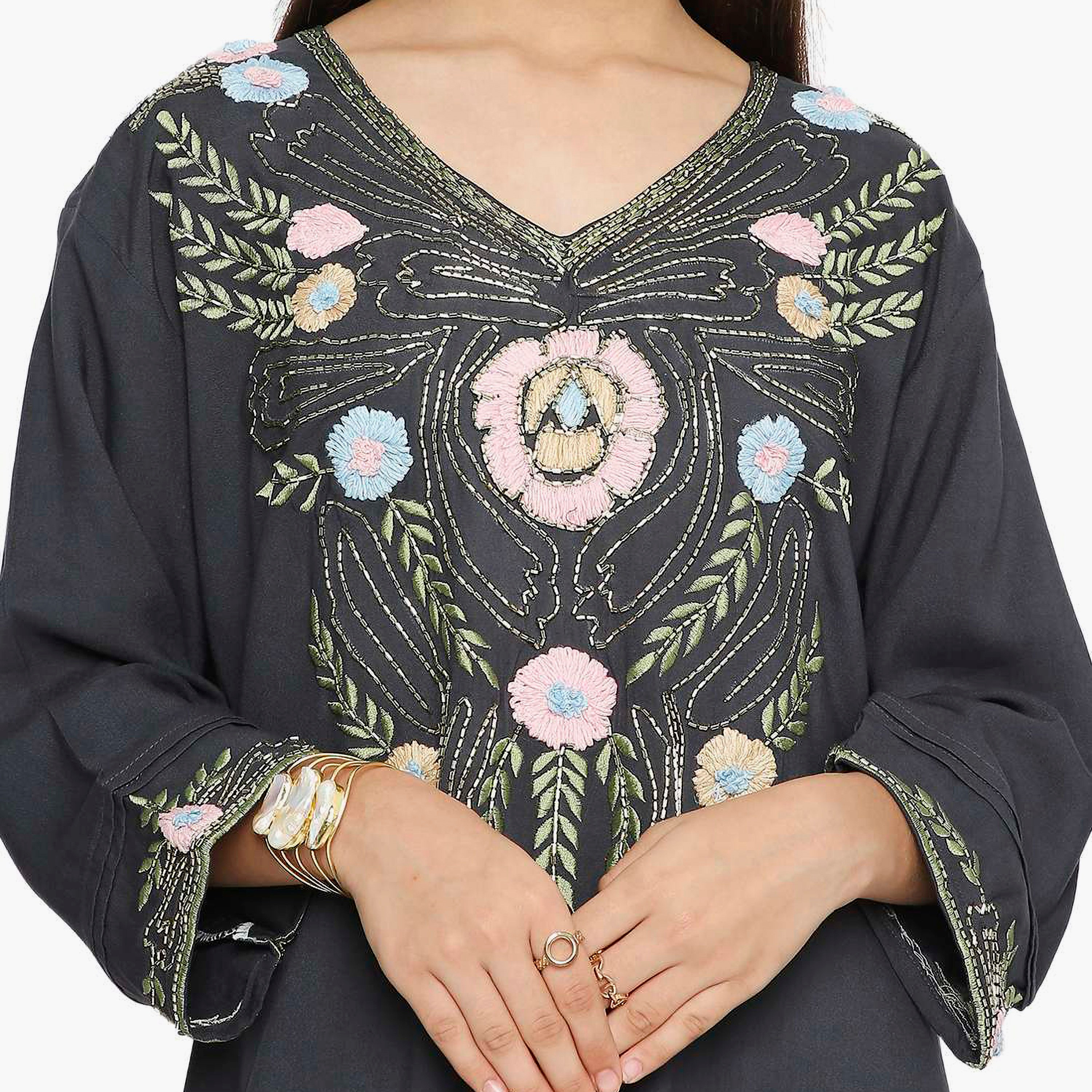 Hana & Sara Navy Blue Floral Embroidered Designed Cuff Sleeves Girls Jalabiya-girls-arabicclothing-kaftans-image-2
