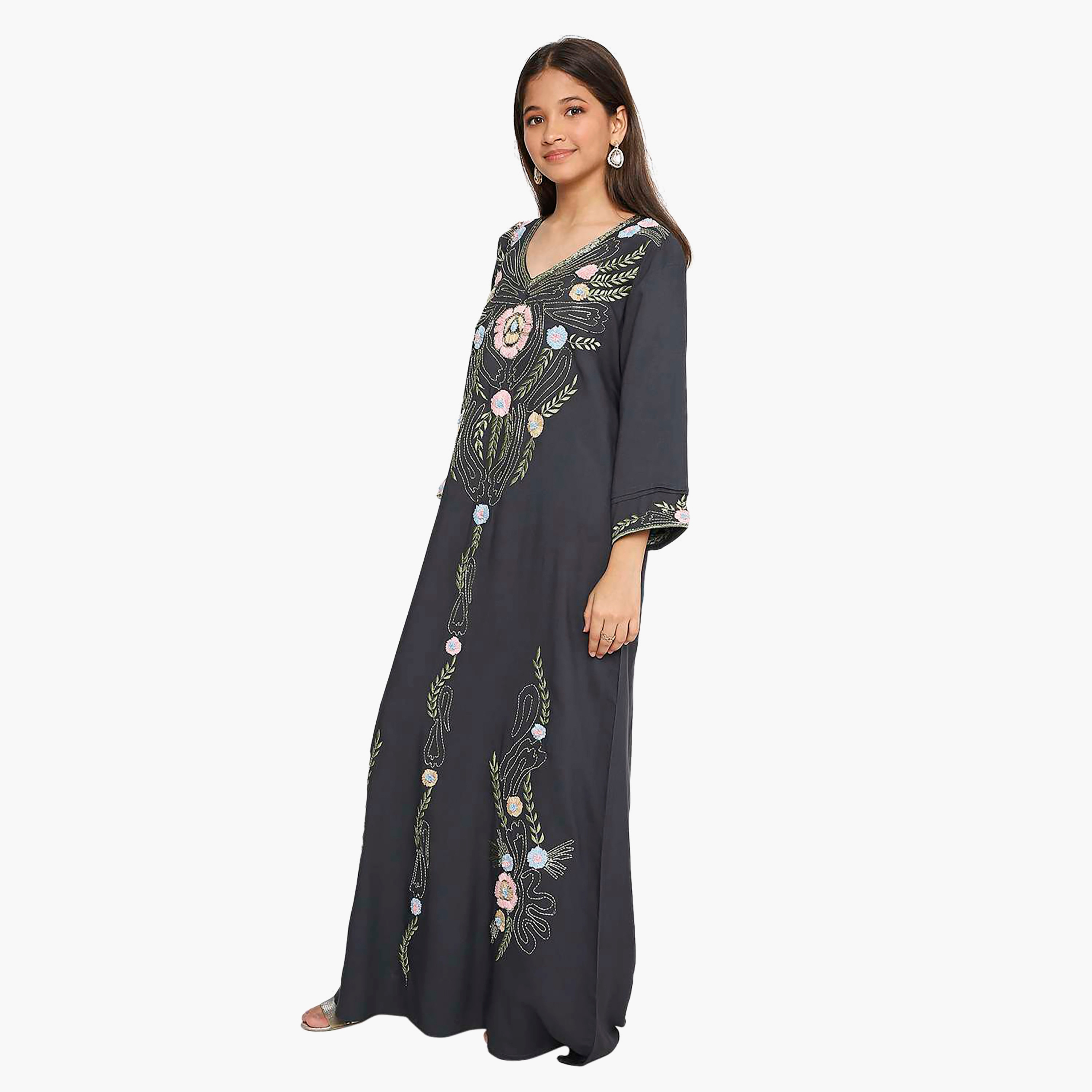 Hana & Sara Navy Blue Floral Embroidered Designed Cuff Sleeves Girls Jalabiya-girls-arabicclothing-kaftans-image-3