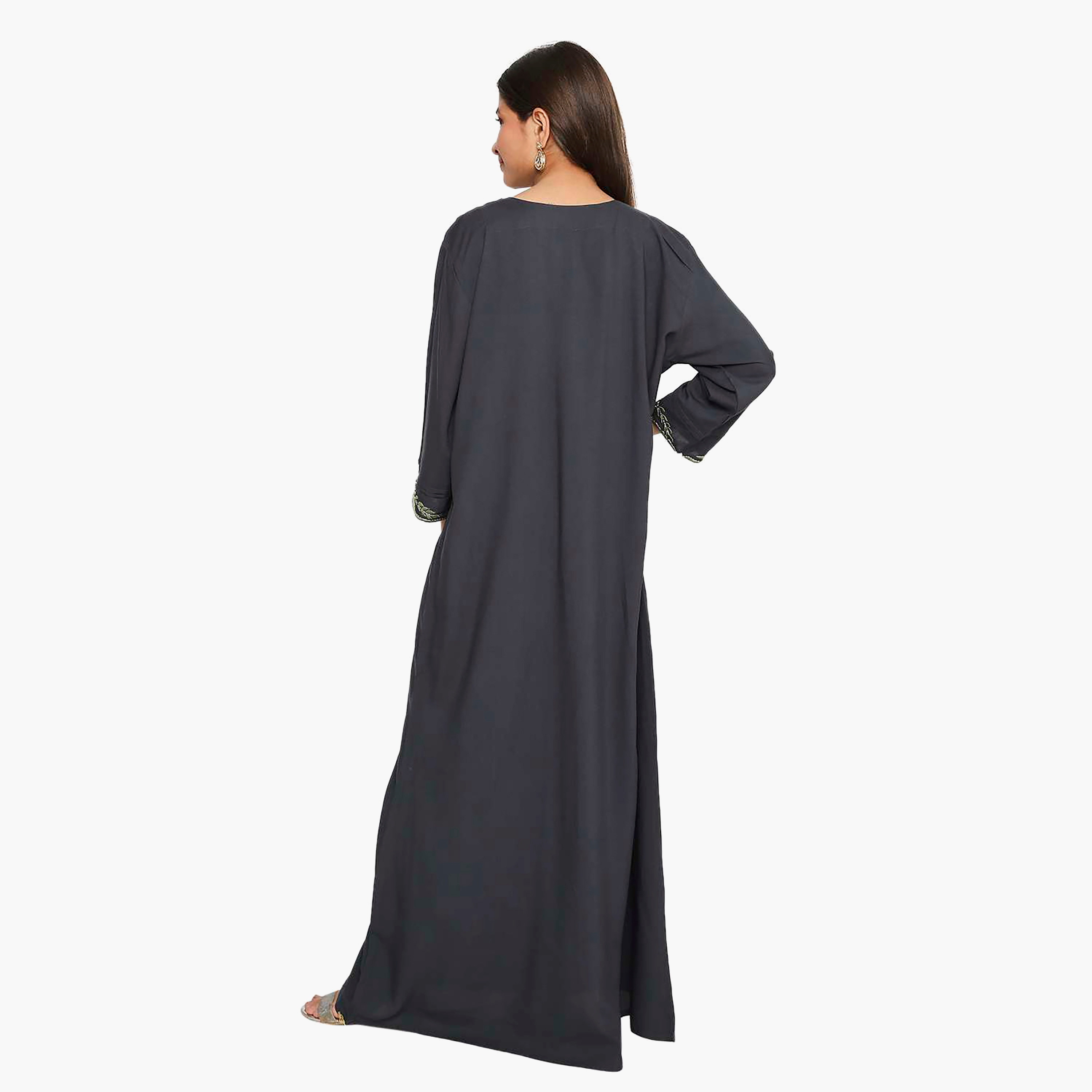 Hana & Sara Navy Blue Floral Embroidered Designed Cuff Sleeves Girls Jalabiya-girls-arabicclothing-kaftans-image-4