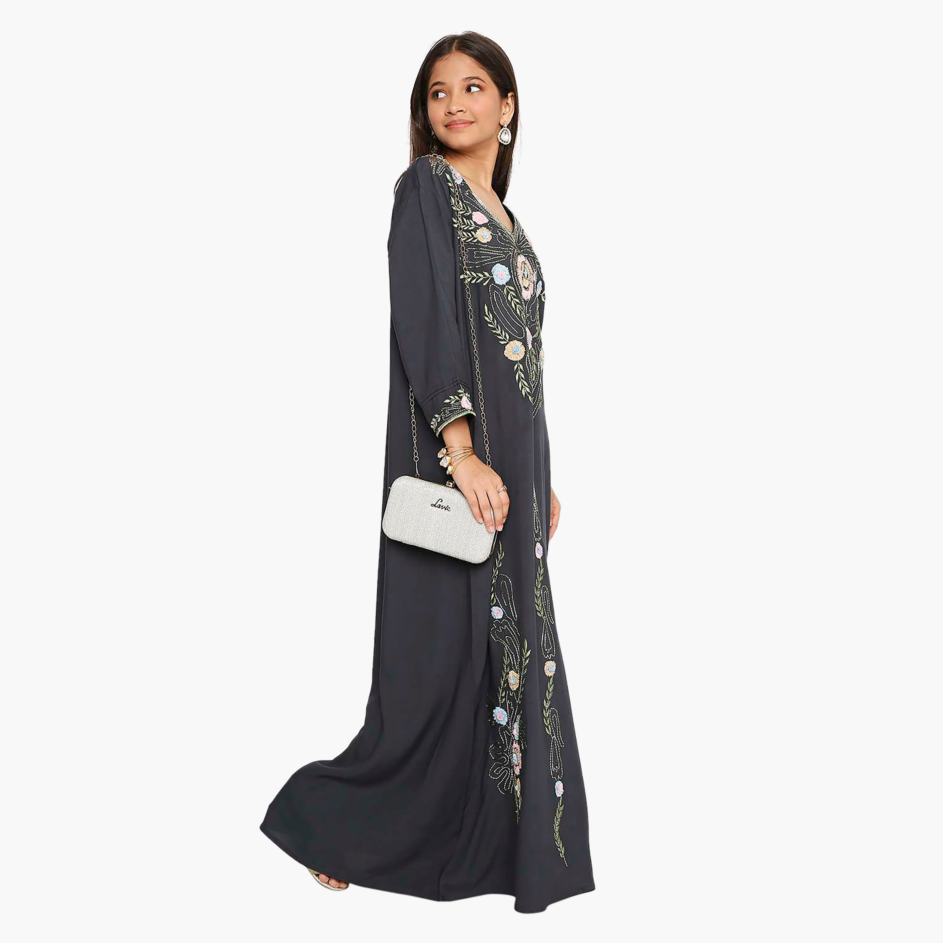 Hana & Sara Navy Blue Floral Embroidered Designed Cuff Sleeves Girls Jalabiya-girls-arabicclothing-kaftans-image-5