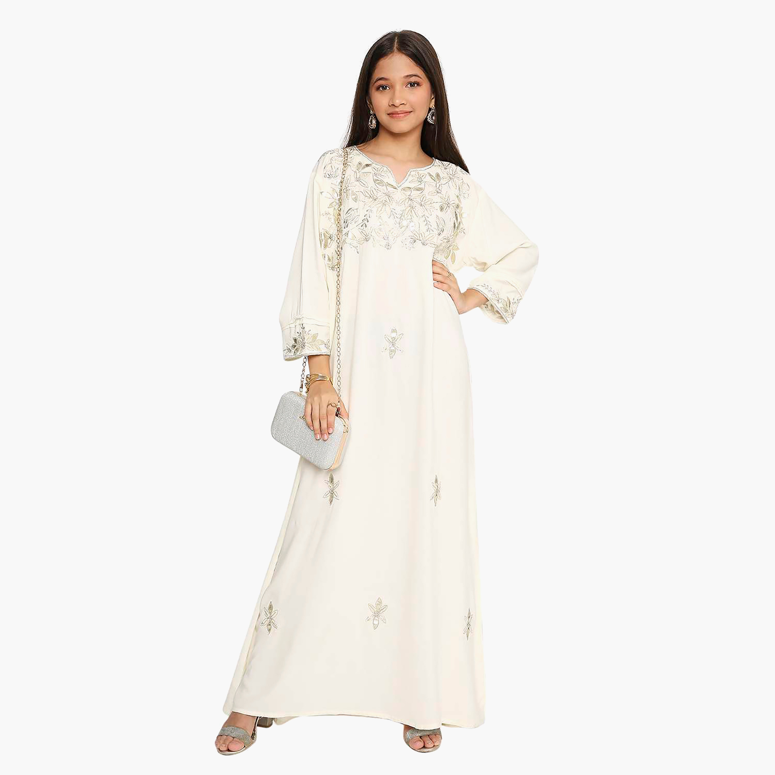 Hana & Sara Ivory Floral Embroidered Yoke Detail Neck Designed Cuff Sleeves Girls Jalabiya-girls-arabicclothing-kaftans-image-1