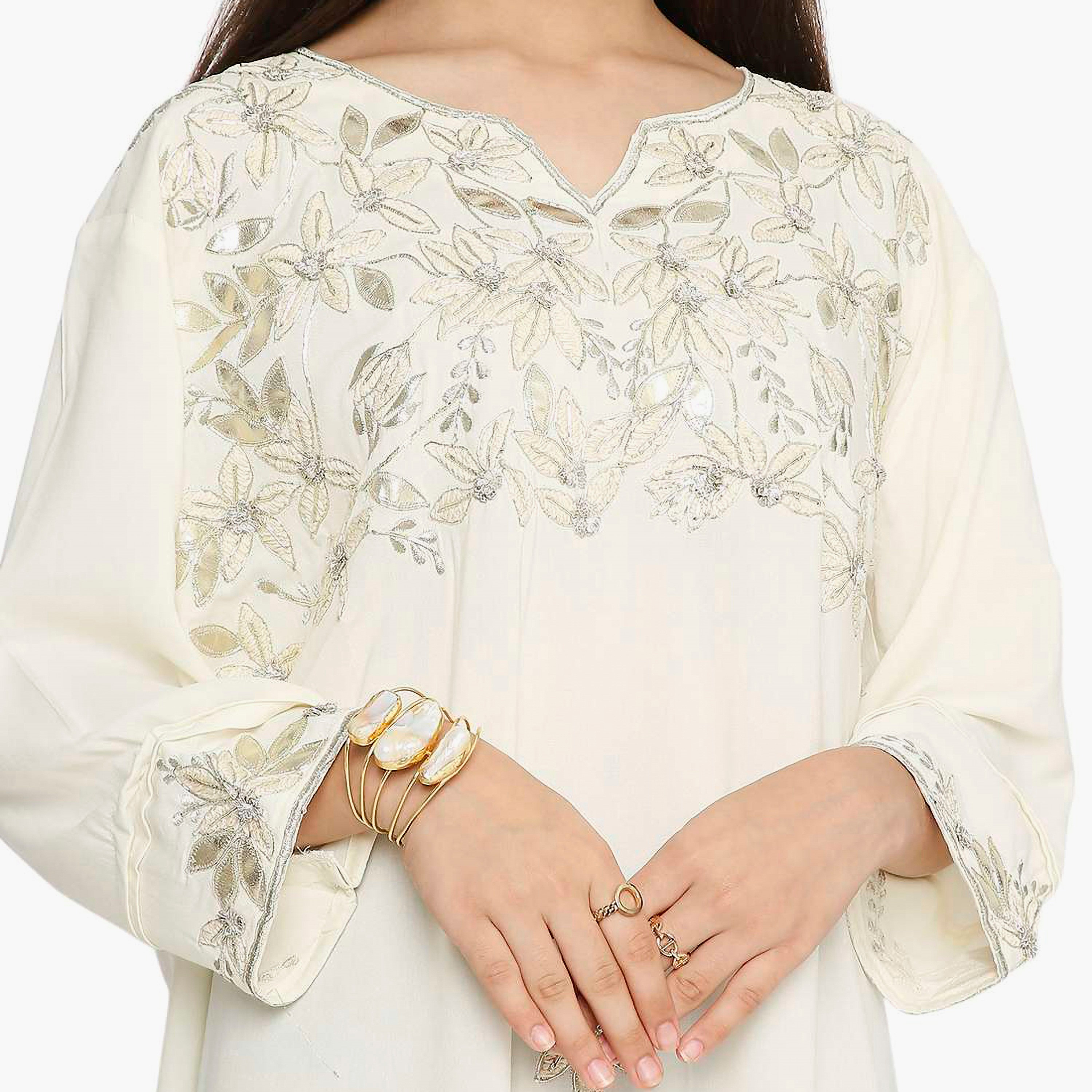 Hana & Sara Ivory Floral Embroidered Yoke Detail Neck Designed Cuff Sleeves Girls Jalabiya-girls-arabicclothing-kaftans-image-2