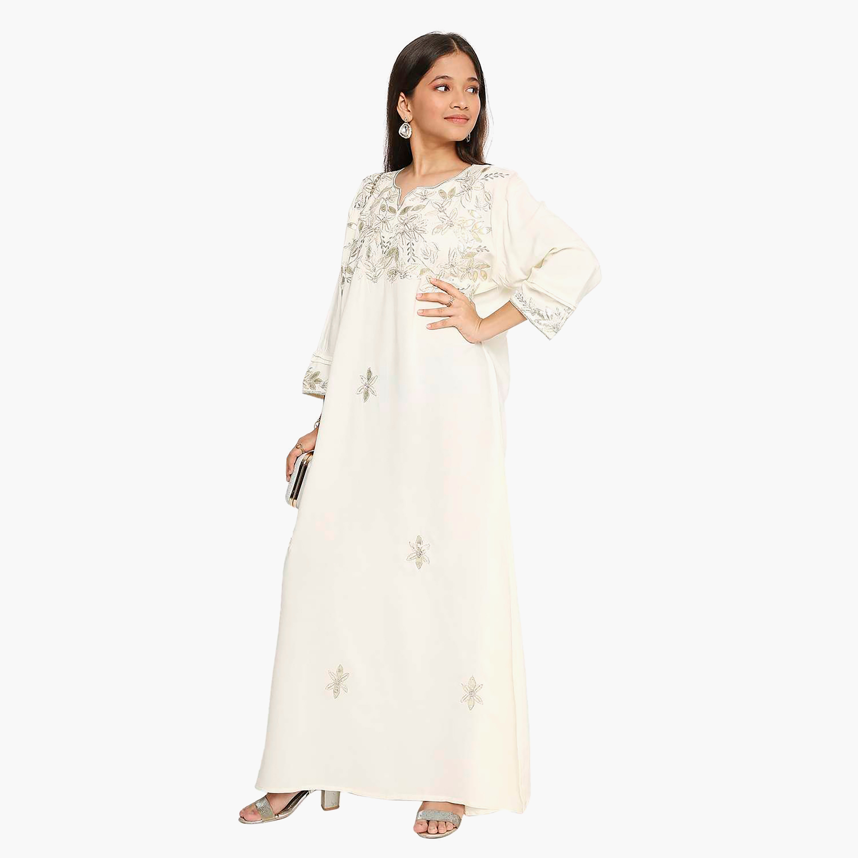 Hana & Sara Ivory Floral Embroidered Yoke Detail Neck Designed Cuff Sleeves Girls Jalabiya-girls-arabicclothing-kaftans-image-3