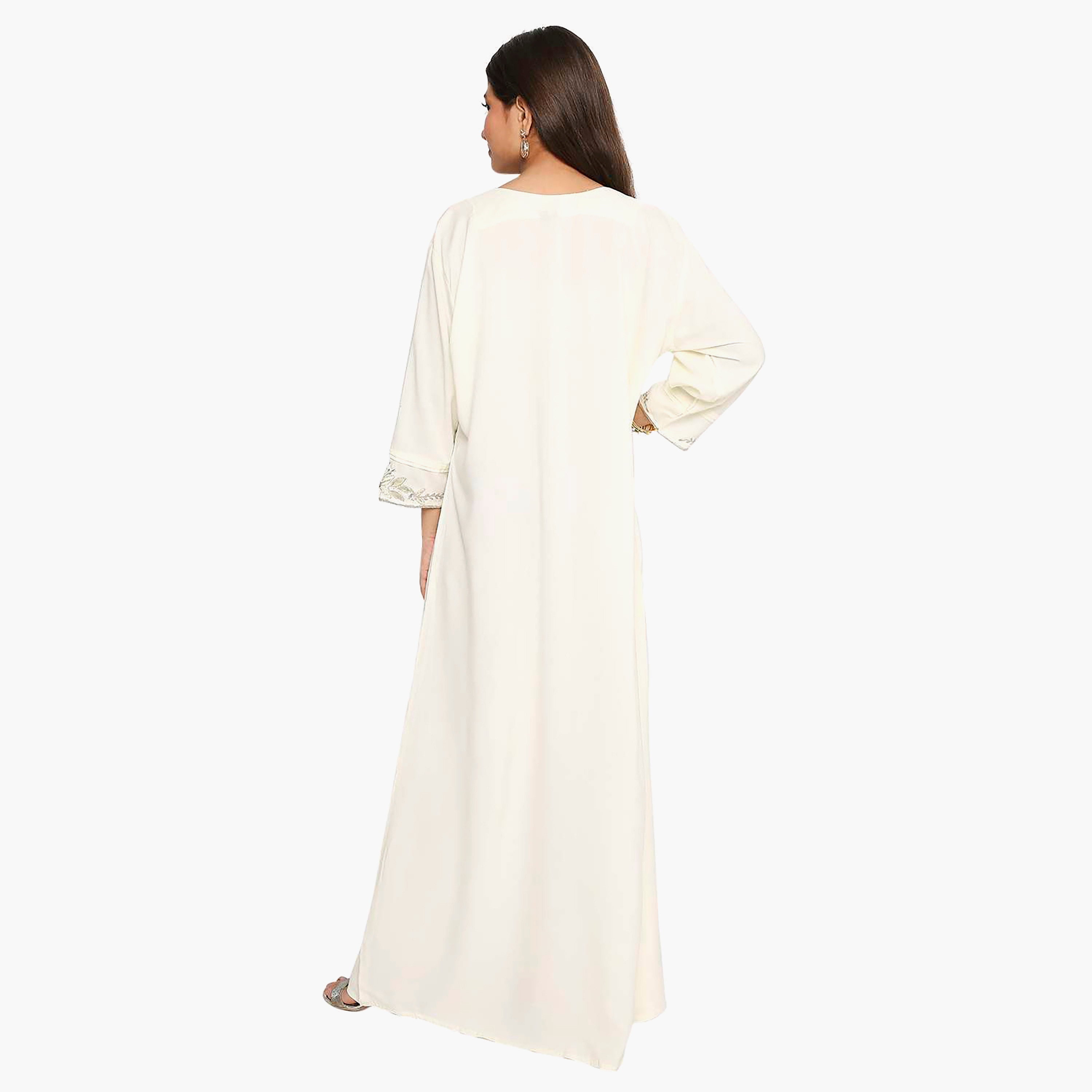 Hana & Sara Ivory Floral Embroidered Yoke Detail Neck Designed Cuff Sleeves Girls Jalabiya-girls-arabicclothing-kaftans-image-4