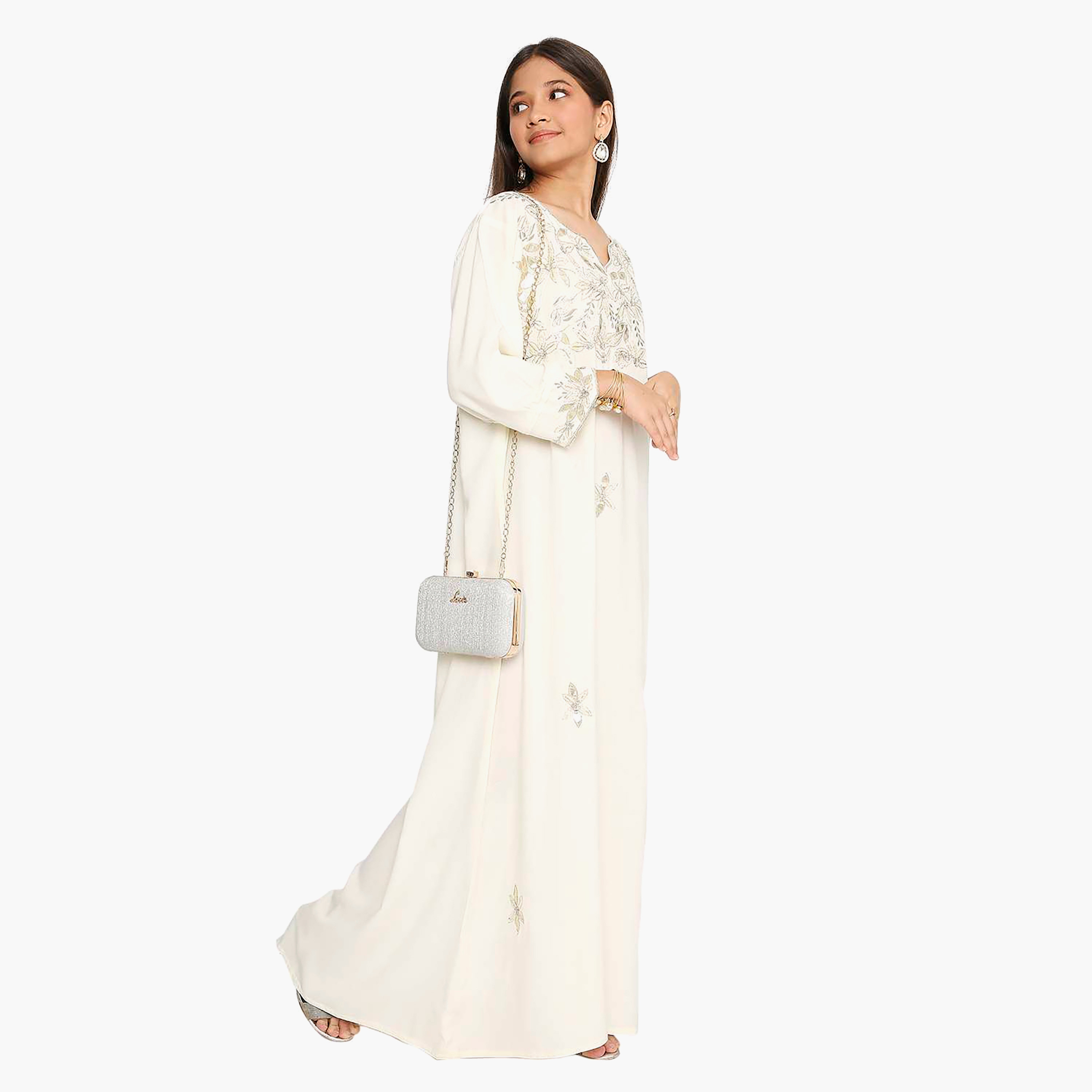 Hana & Sara Ivory Floral Embroidered Yoke Detail Neck Designed Cuff Sleeves Girls Jalabiya-girls-arabicclothing-kaftans-image-5