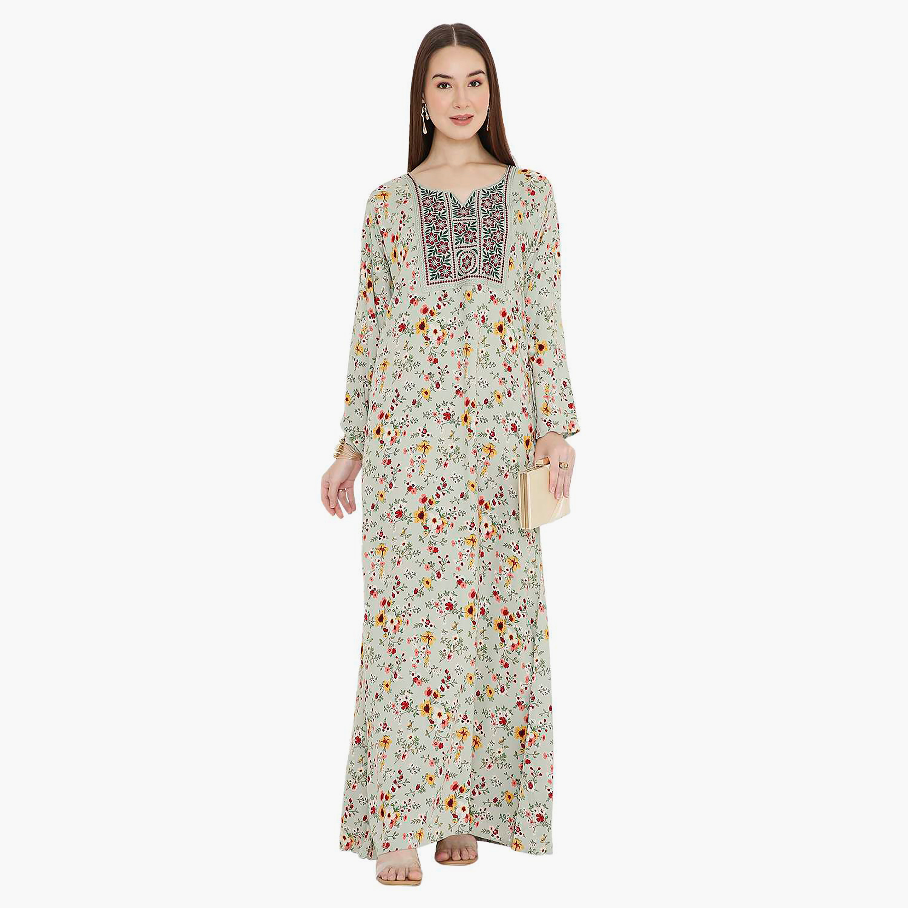 Hana & Sara Grey Floral Printed and Embroidered Yoke Design Neck Women's Jalabiya-women-arabicclothing-jalabiyas-image-1