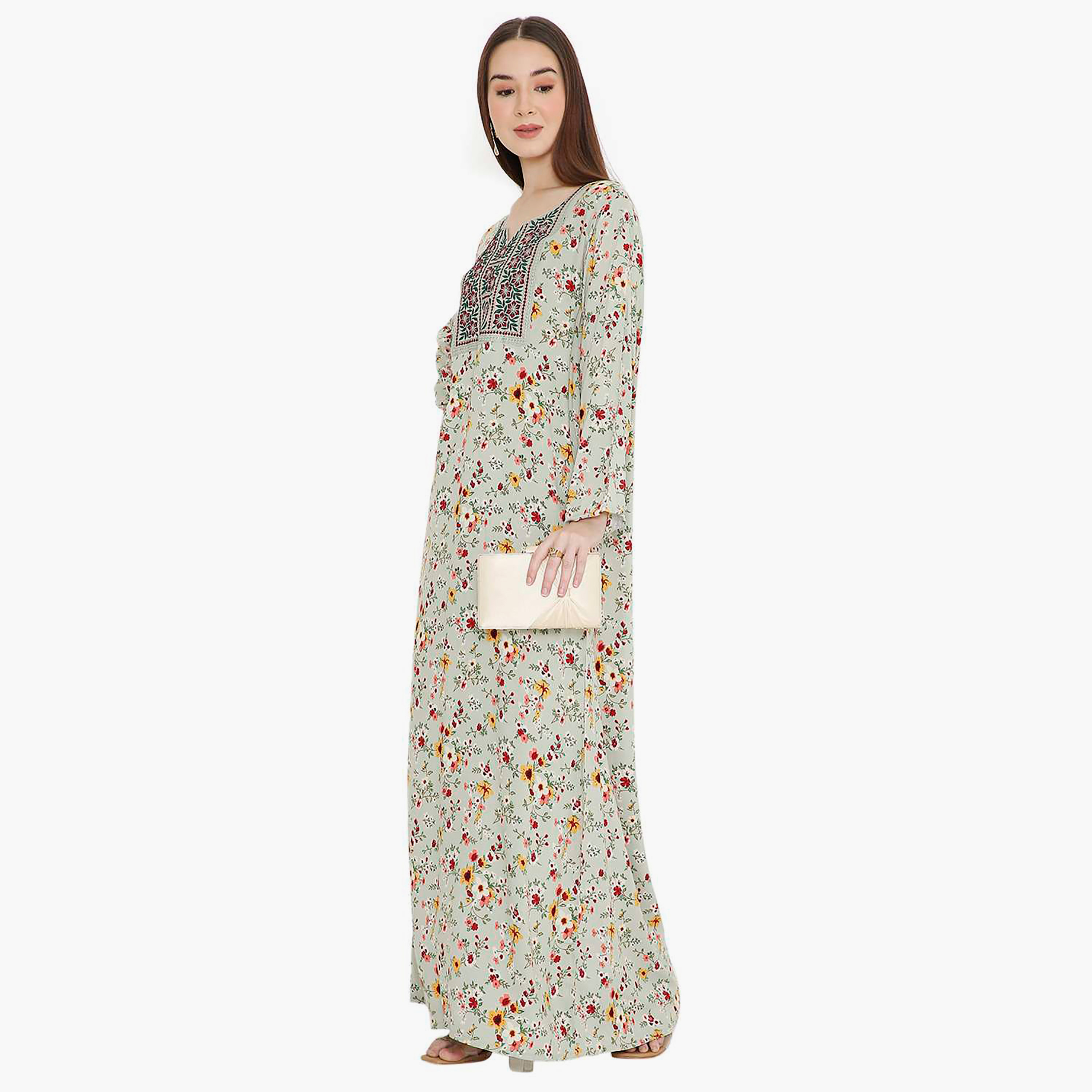Hana & Sara Grey Floral Printed and Embroidered Yoke Design Neck Women's Jalabiya-women-arabicclothing-jalabiyas-image-3