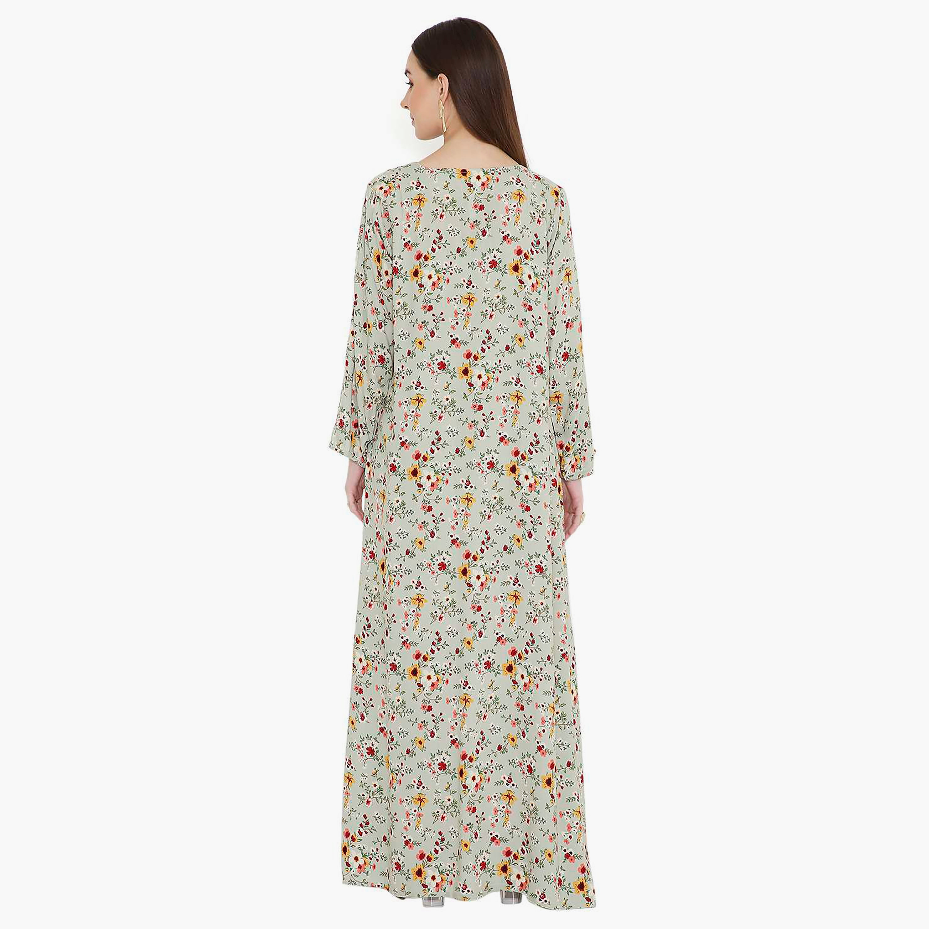 جلابية نسائية باللون الرمادي بطبعة زهور مطرزة وتصميم على شكل نير من هانا اند سارة-women-arabicclothing-jalabiyas-image-4