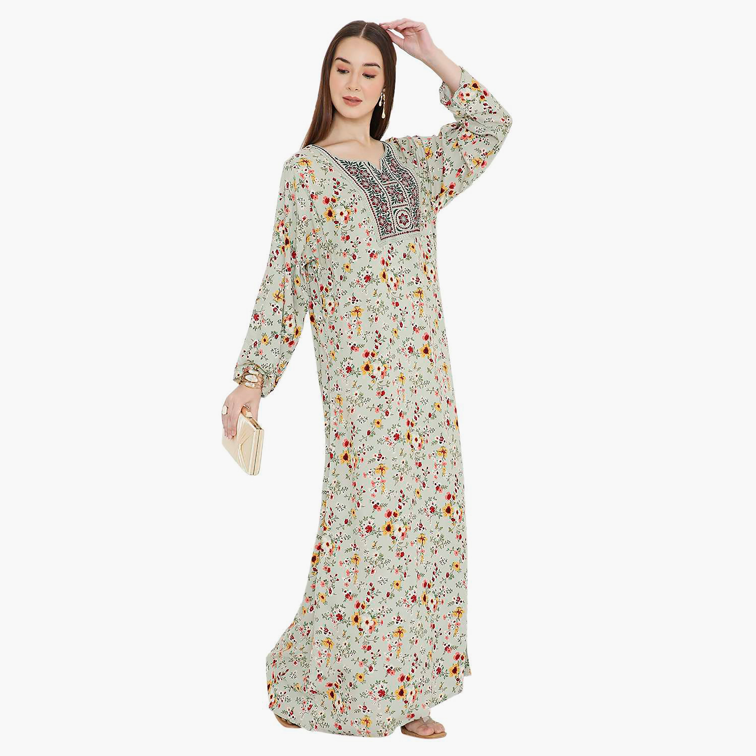 Hana & Sara Grey Floral Printed and Embroidered Yoke Design Neck Women's Jalabiya-women-arabicclothing-jalabiyas-image-5