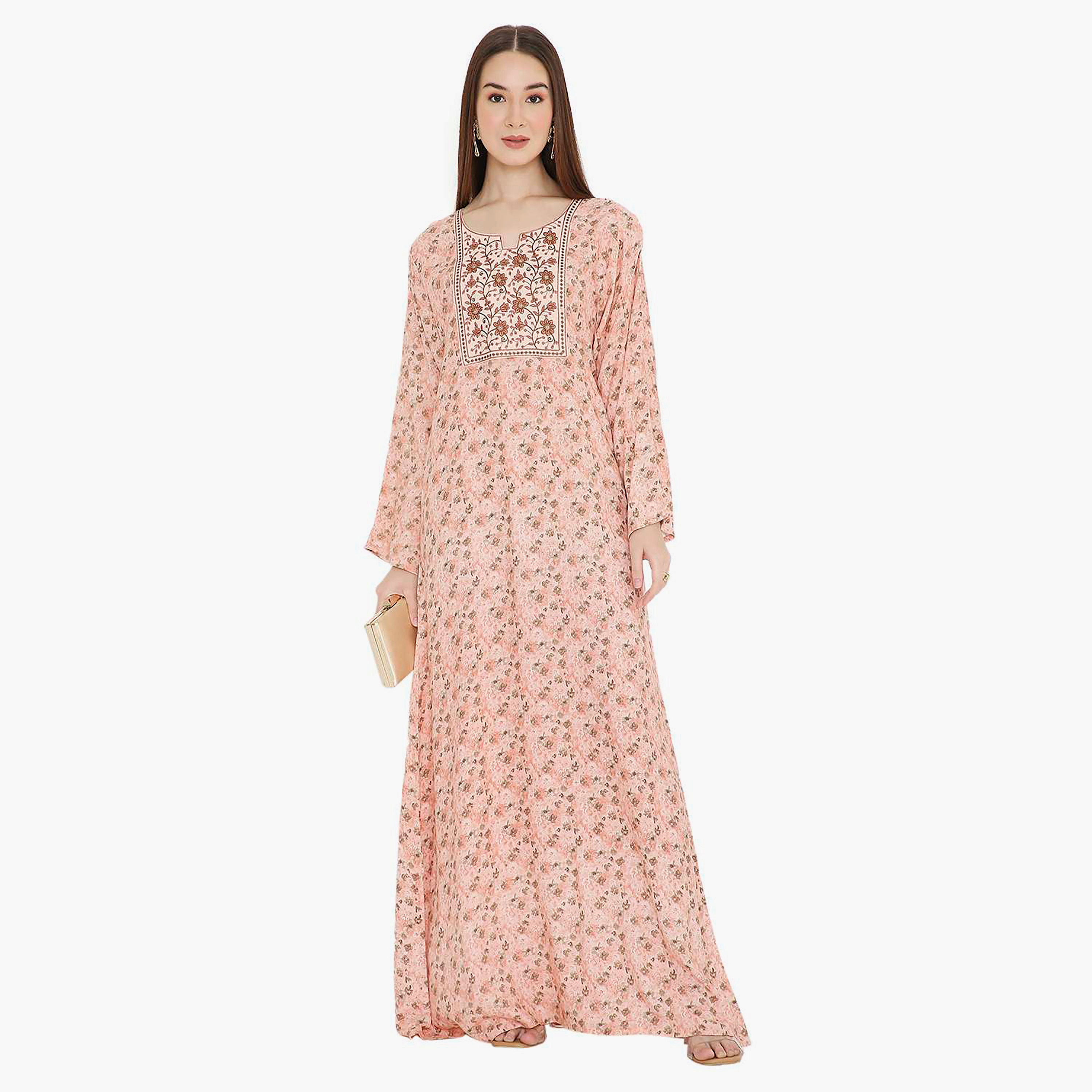 جلابية نسائية بتصميم نير مكشكش مطبوع عليه زهور وردية اللون ومطرزة من هانا اند سارة-women-arabicclothing-jalabiyas-image-1
