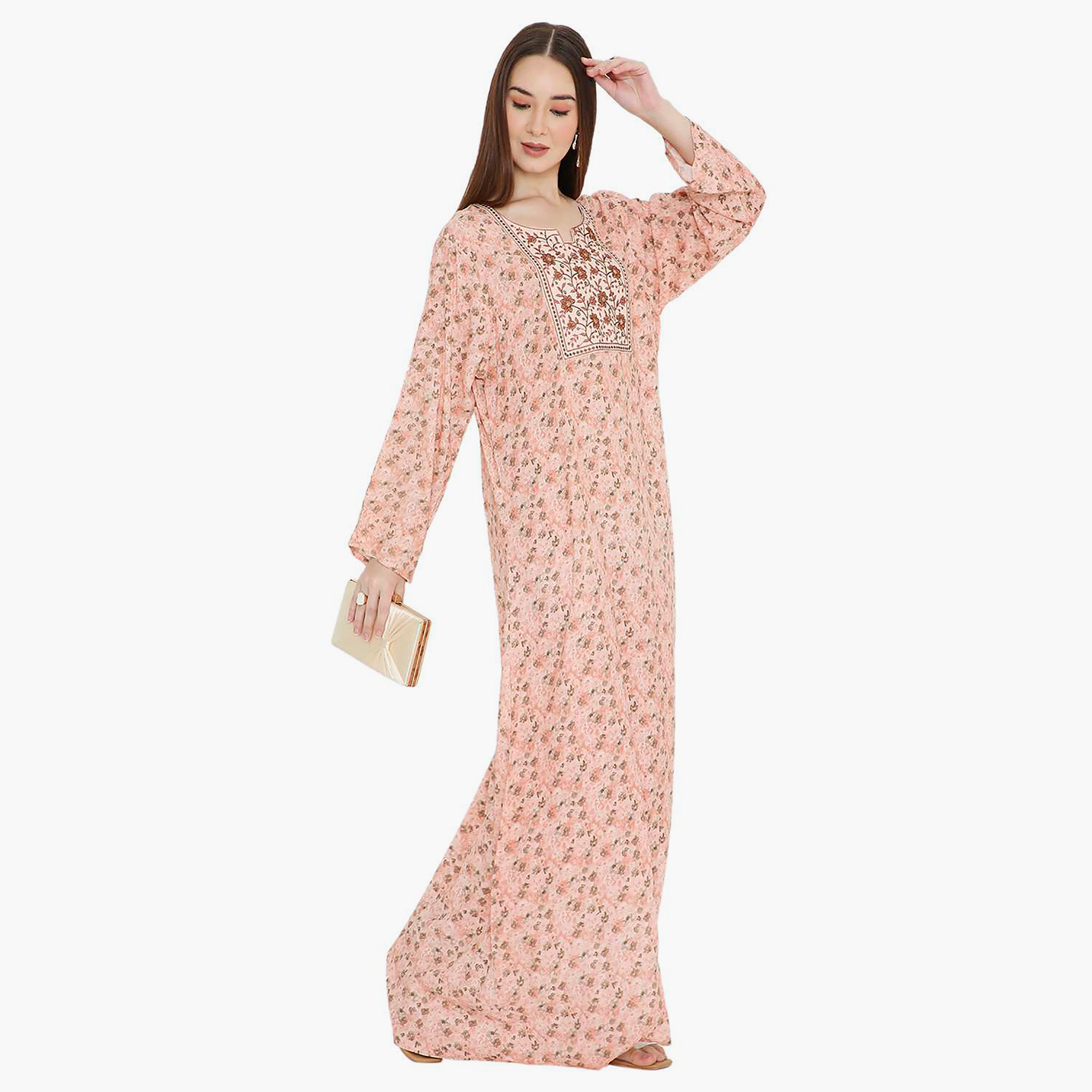 جلابية نسائية بتصميم نير مكشكش مطبوع عليه زهور وردية اللون ومطرزة من هانا اند سارة-women-arabicclothing-jalabiyas-image-5
