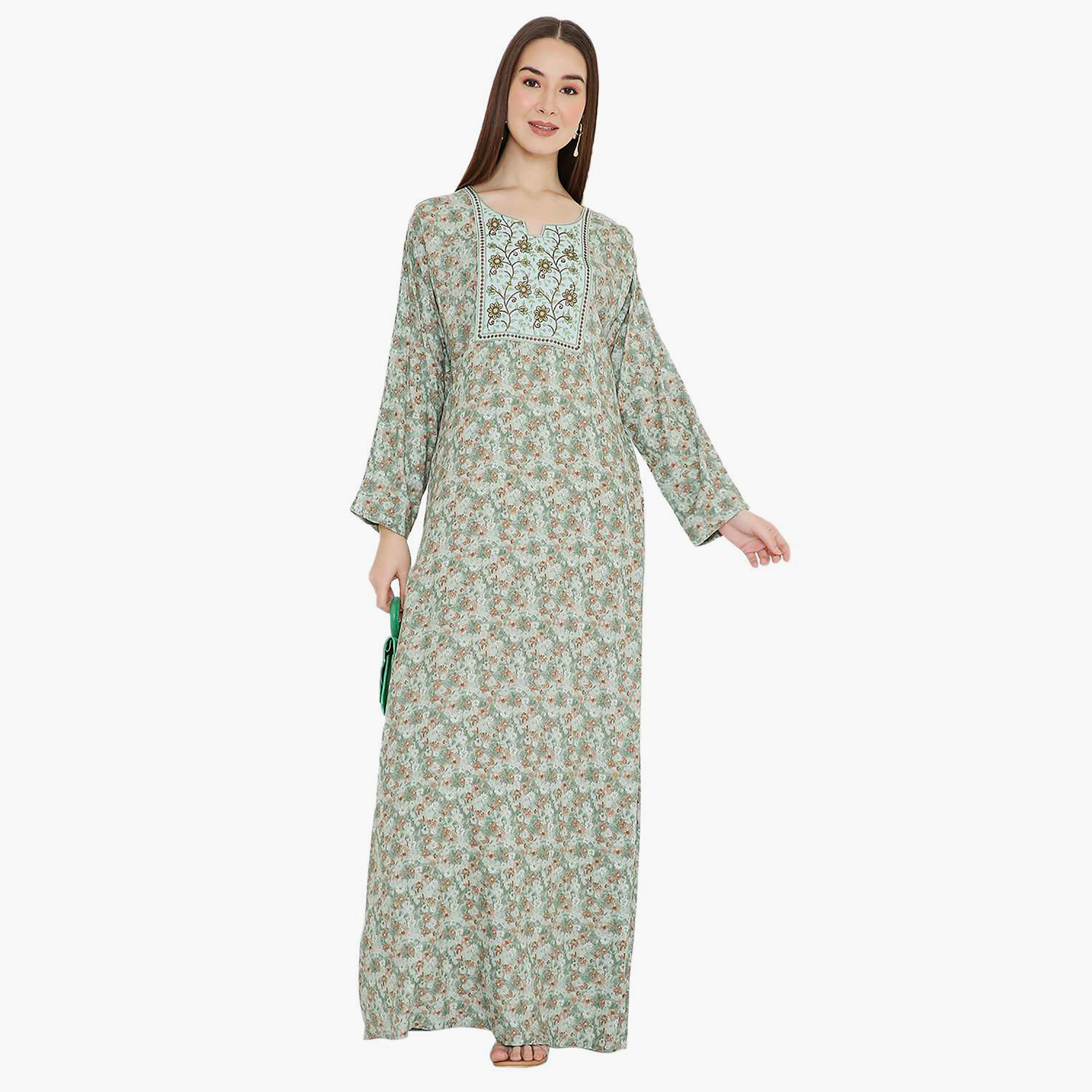 جلابية نسائية باللون الأخضر بطبعة زهور مطرزة ومزينة بفتحة رقبة من هانا اند سارة-women-arabicclothing-jalabiyas-image-1